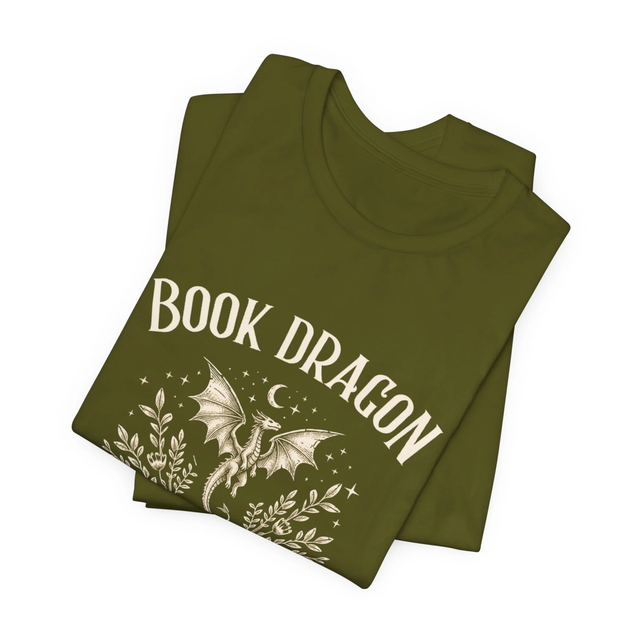 Folded Olive Bella+Canvas fantasy reader t-shirt featuring a dragon surrounded by books.