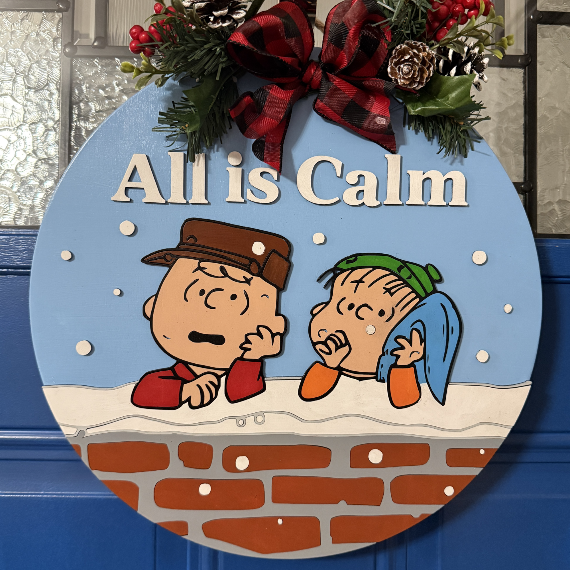 All Is Calm Door Hanger – 14” Handcrafted Christmas Wood Decor with Classic Cartoon Design