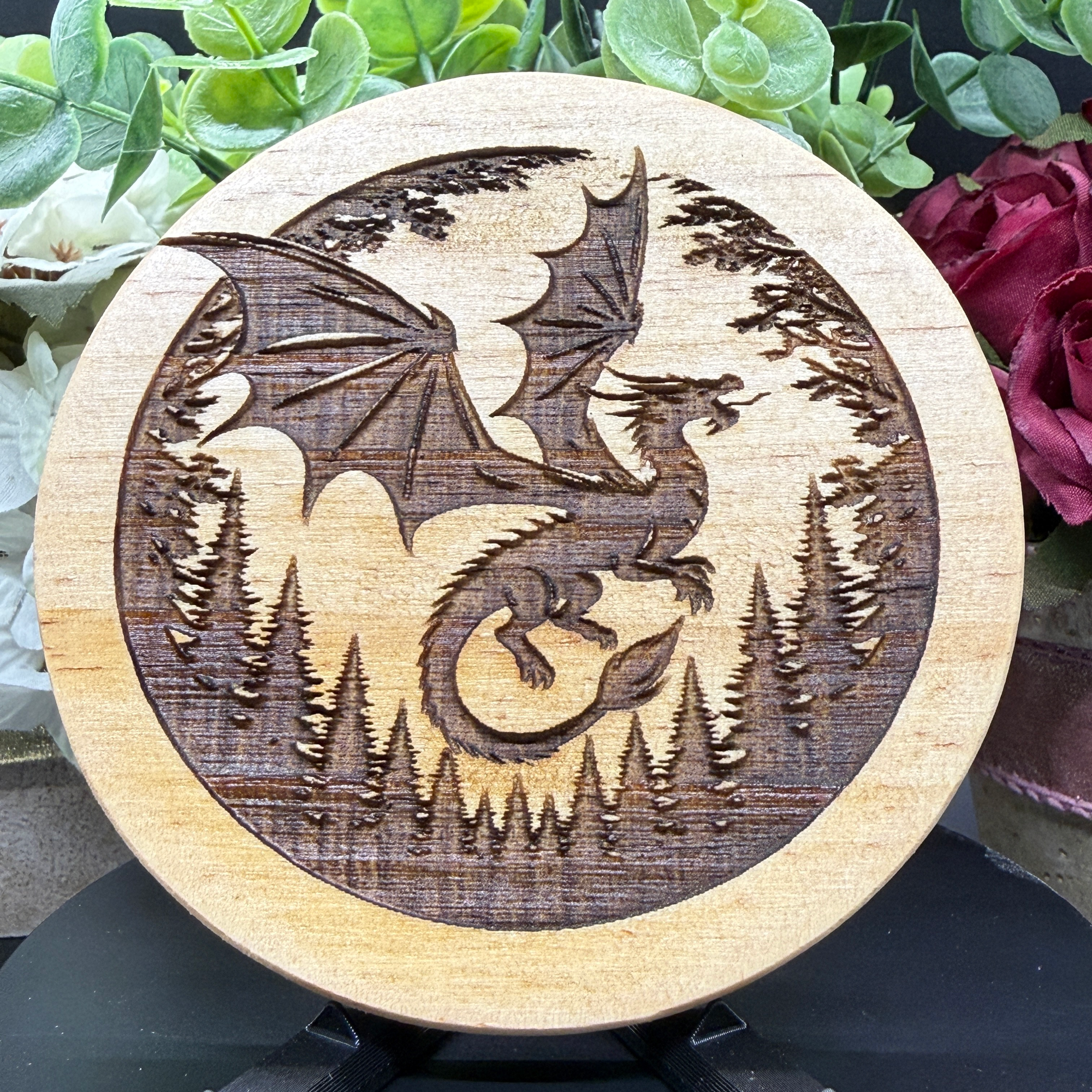 Dragon Forest Wood Coaster – Engraved Dragon Silhouette with Trees, Fantasy Decor