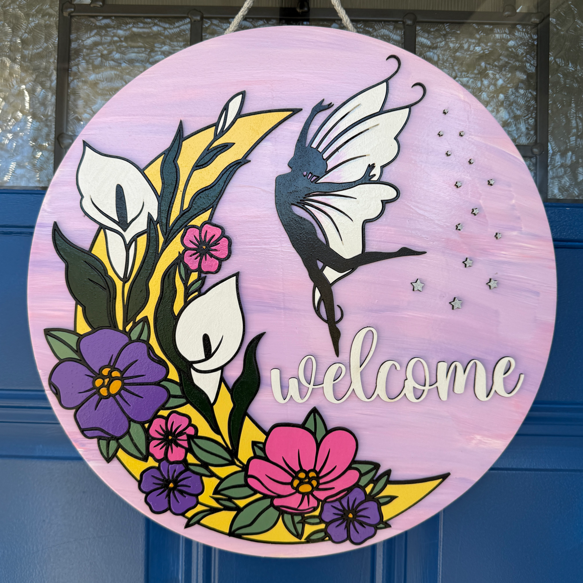 Fairy Welcome Door Hanger – 14 Inch Hand Painted Wood Floral Moon Decor