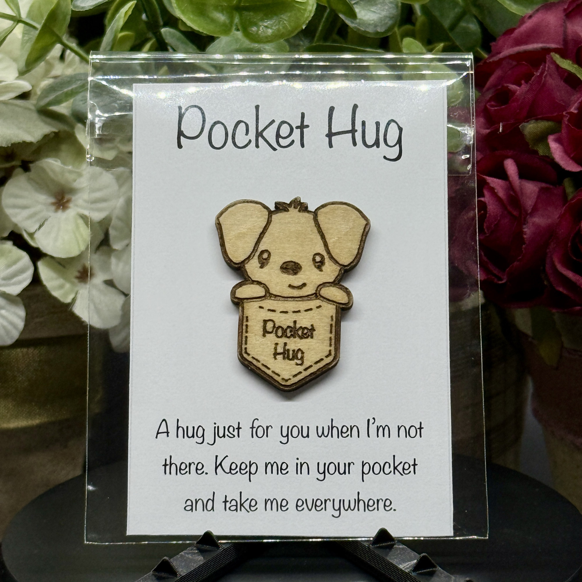 Dog Pocket Hug token on printed card – wooden design with floppy ears