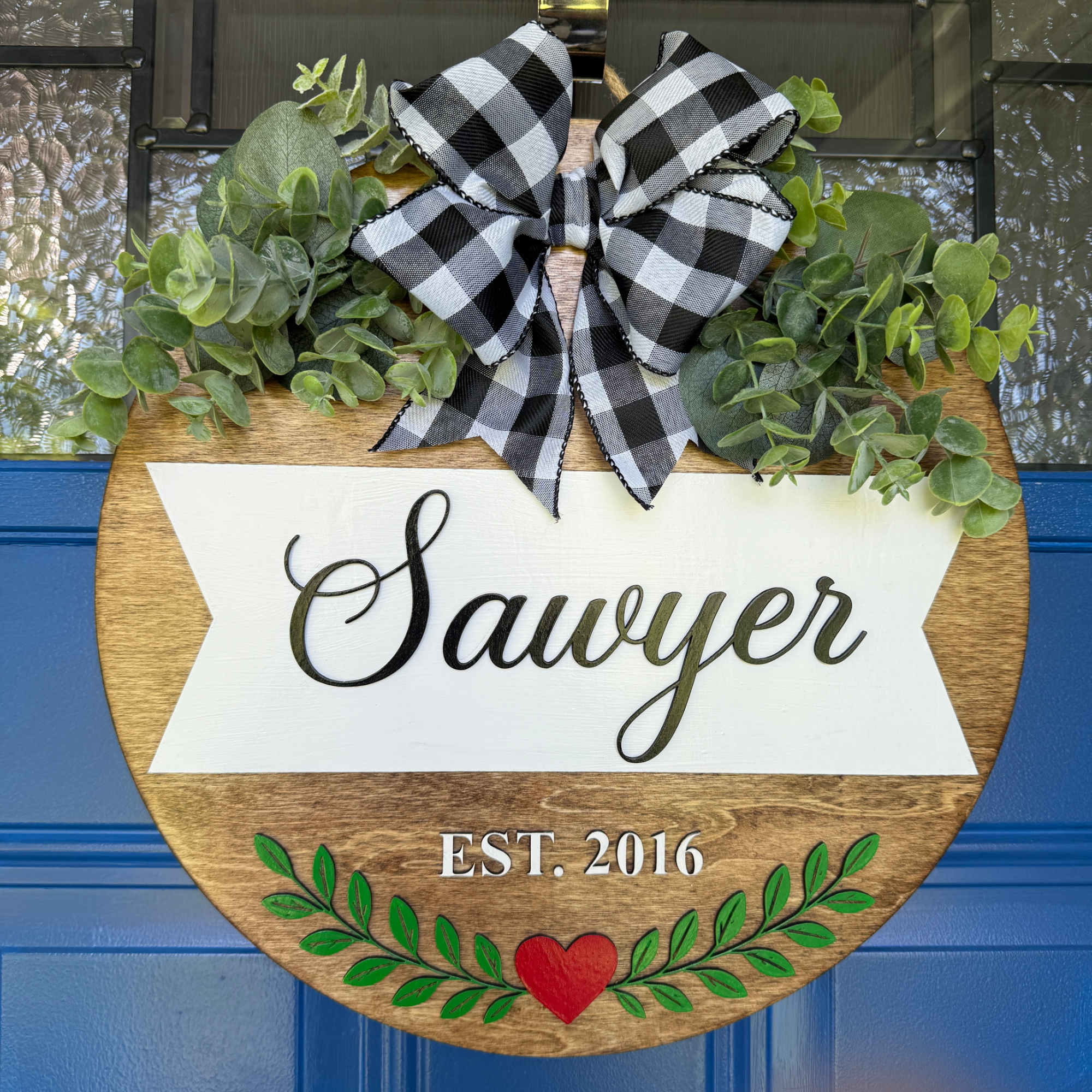 Personalized Family Name Door Hanger – Custom Established Sign with Farmhouse Bow & Greenery
