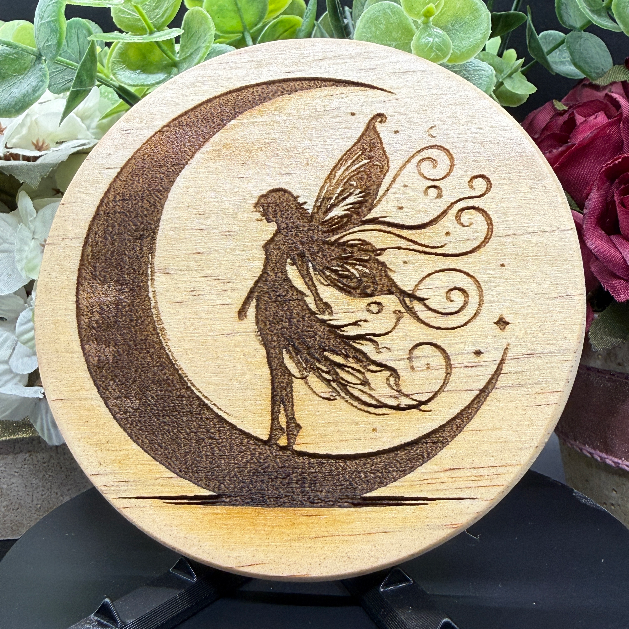Fairy sitting on crescent moon wood coaster