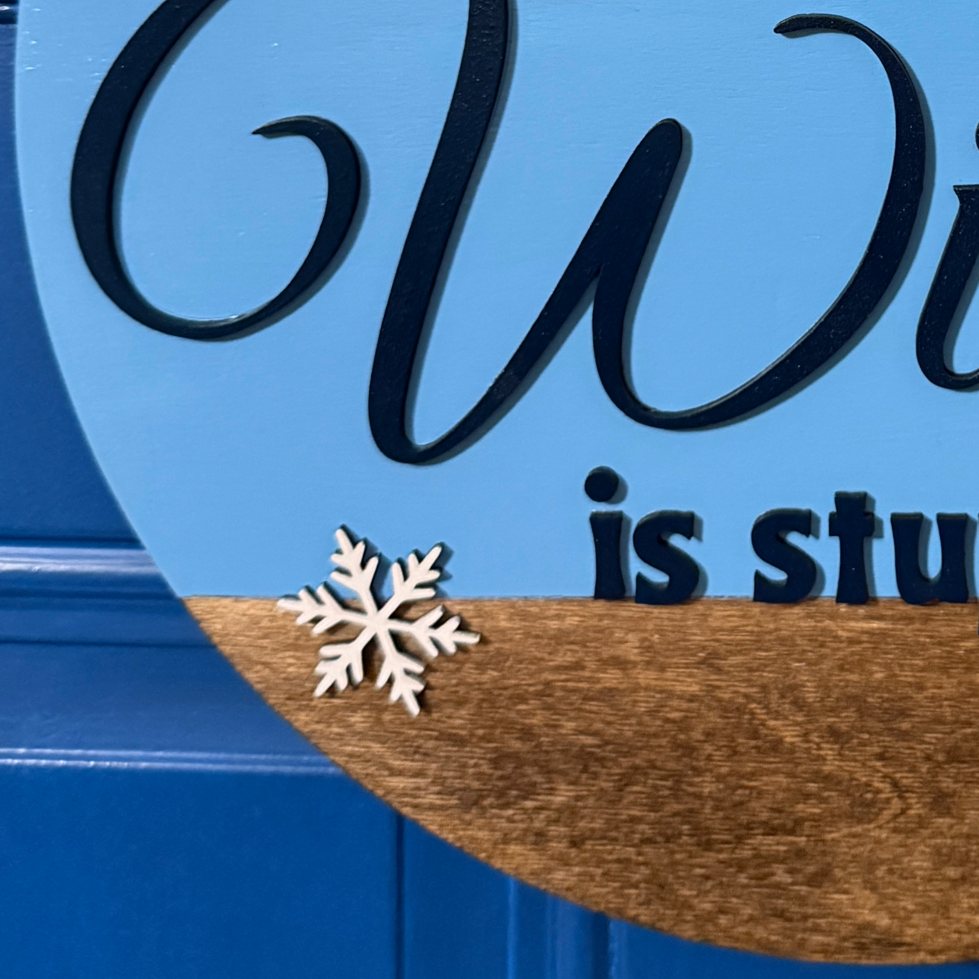 Detail view of Winter Is Stupid lettering and wood grain base on hand painted winter door hanger