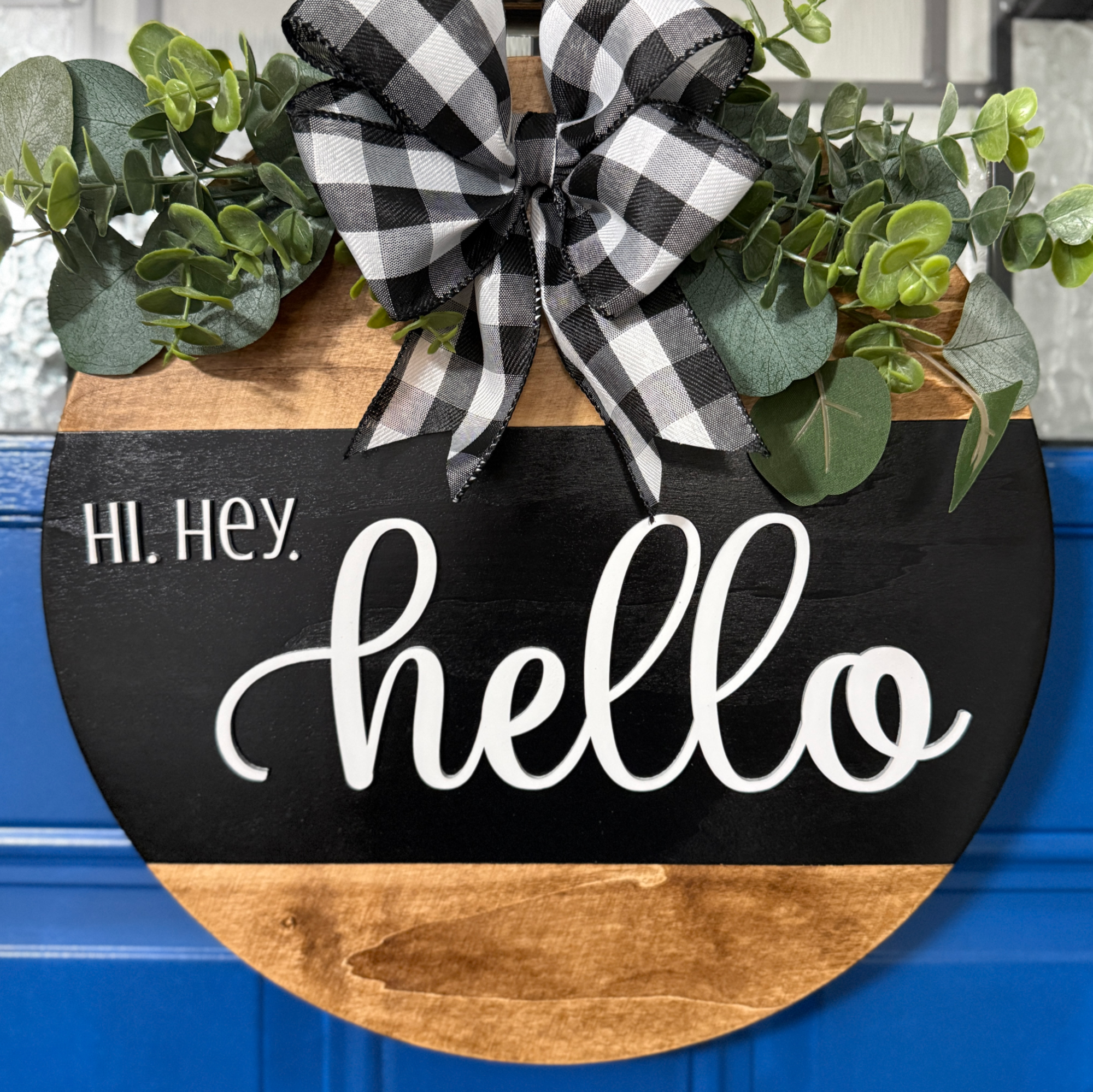 Hi Hey Hello Door Hanger – 14" Black & Natural Wood Front Door Decor with Greenery and Bow