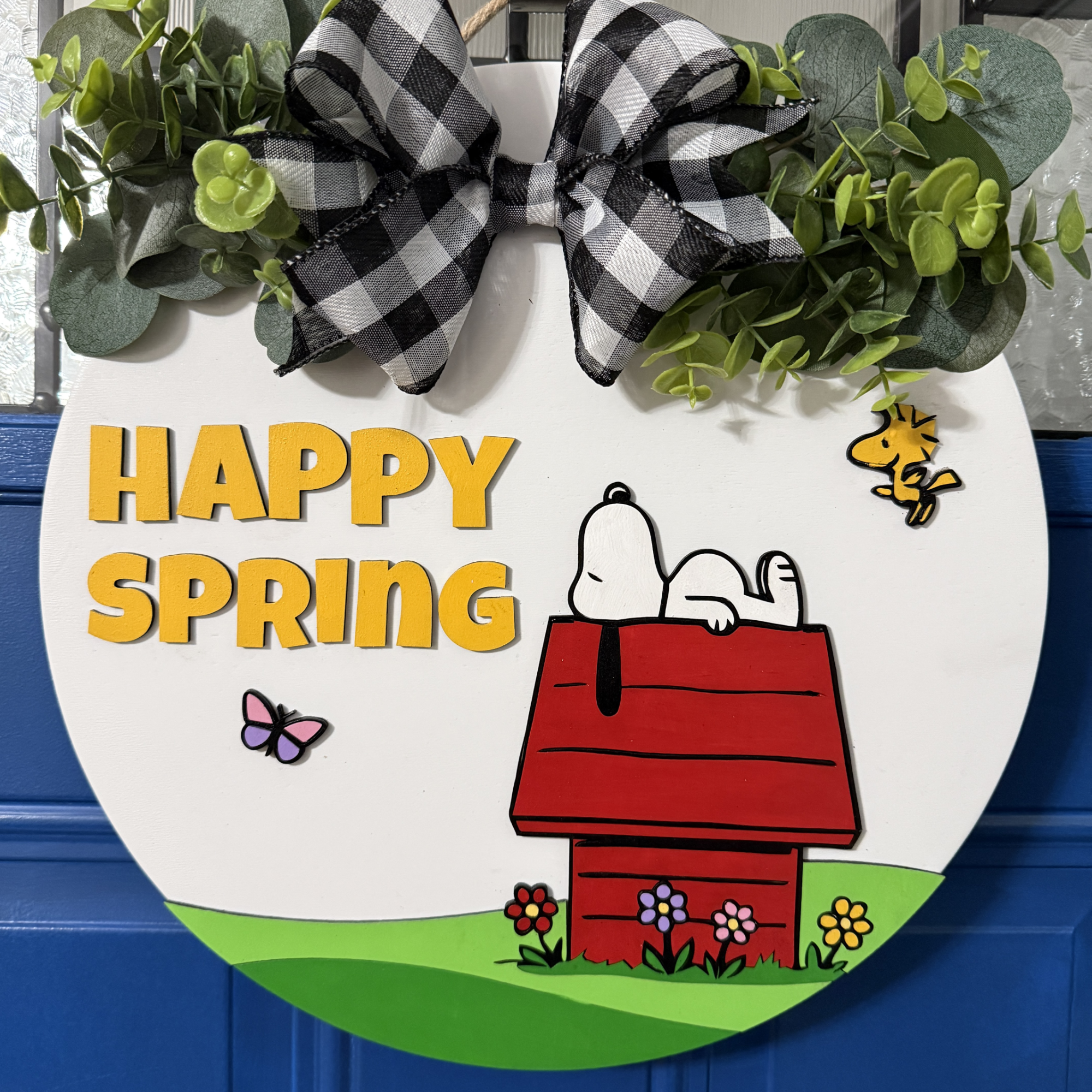 Happy Spring Door Hanger Snoopy Spring Decor - Peanuts Inspired Front Door Sign with Doghouse Scene
