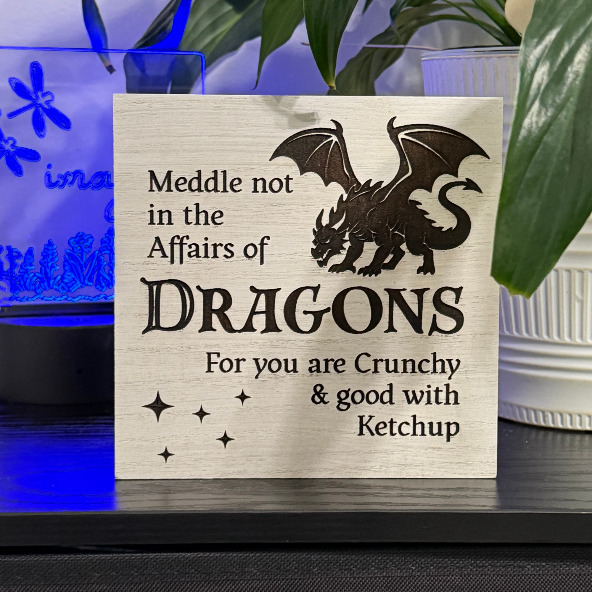 Wooden sign reading meddle not in the affairs of dragons with dragon illustration displayed with soft blue accent lighting