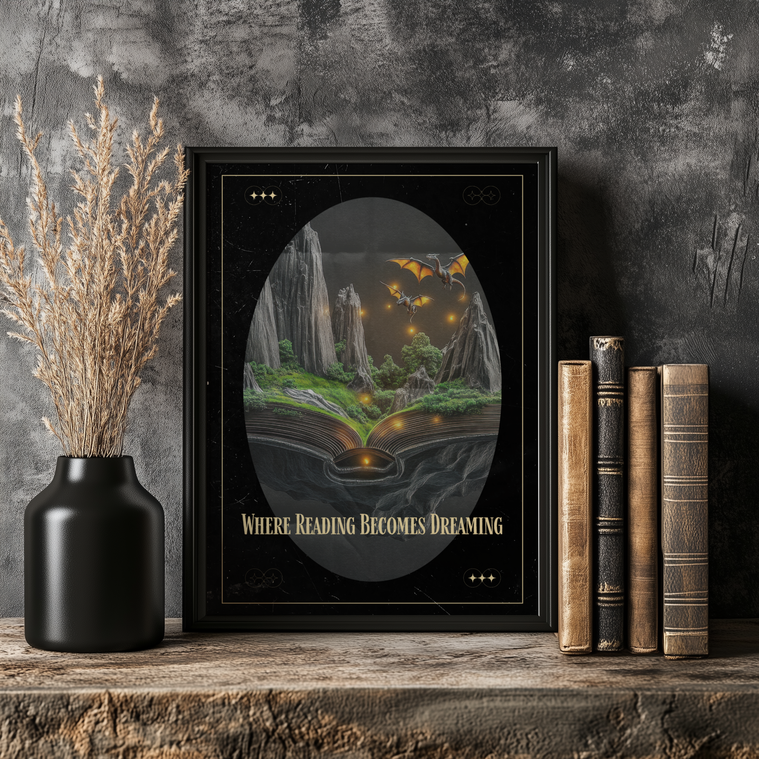 Fantasy Book Art Print Wall Decor – Whimsical Reading Illustration with Glowing Fireflies and Storybook Landscape