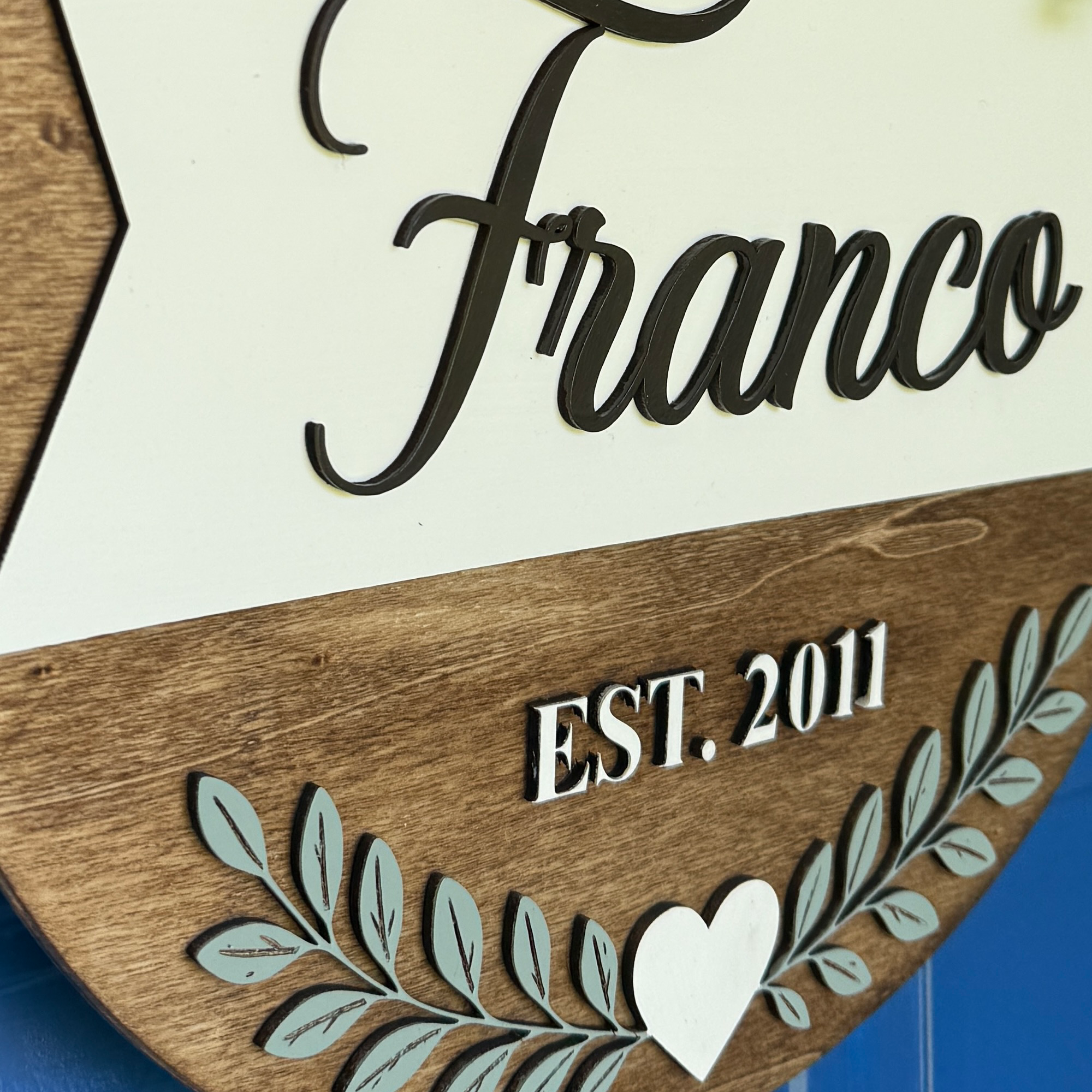 Close-up of custom family name sign with raised wood lettering.