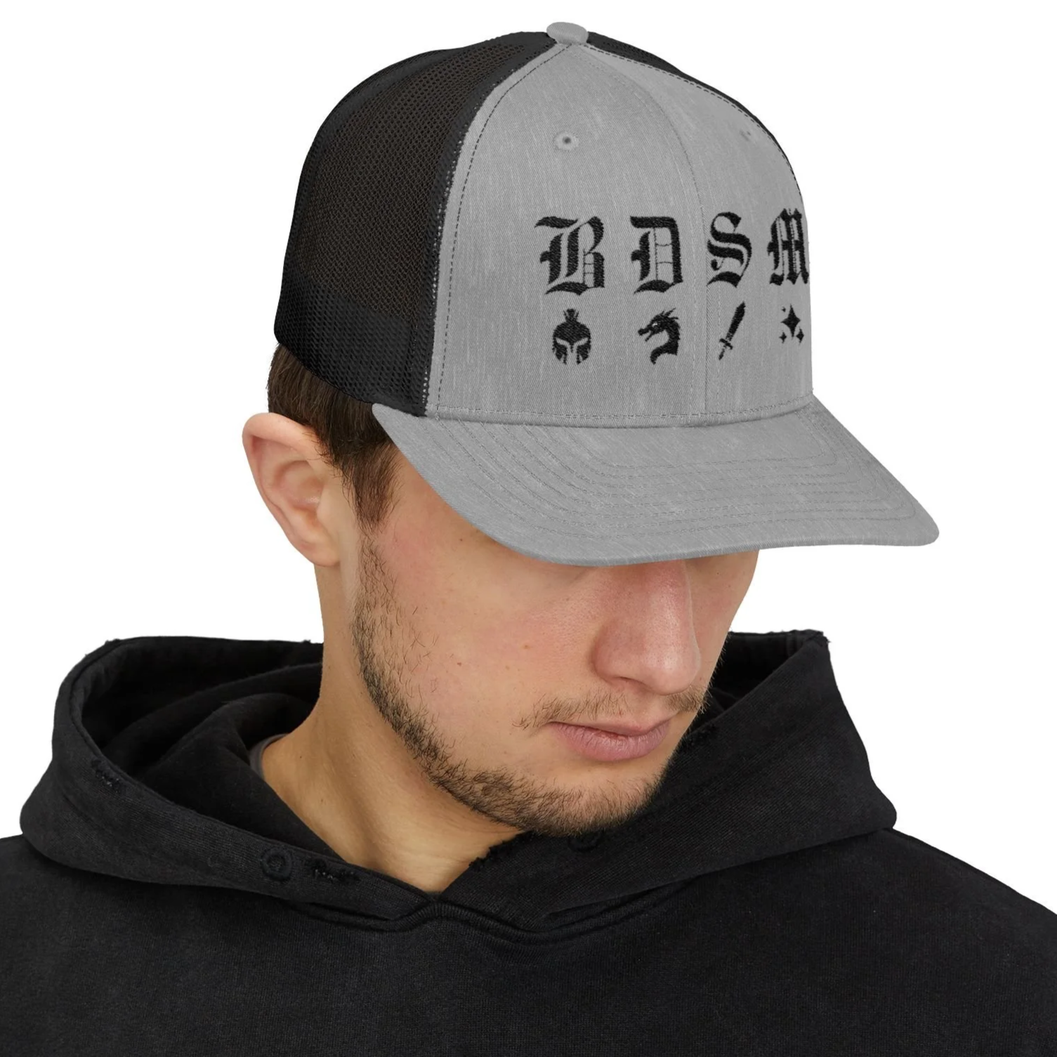 Old English Fantasy Embroidered Trucker Cap – Battles Dragons Swords Magic Gamer Hat