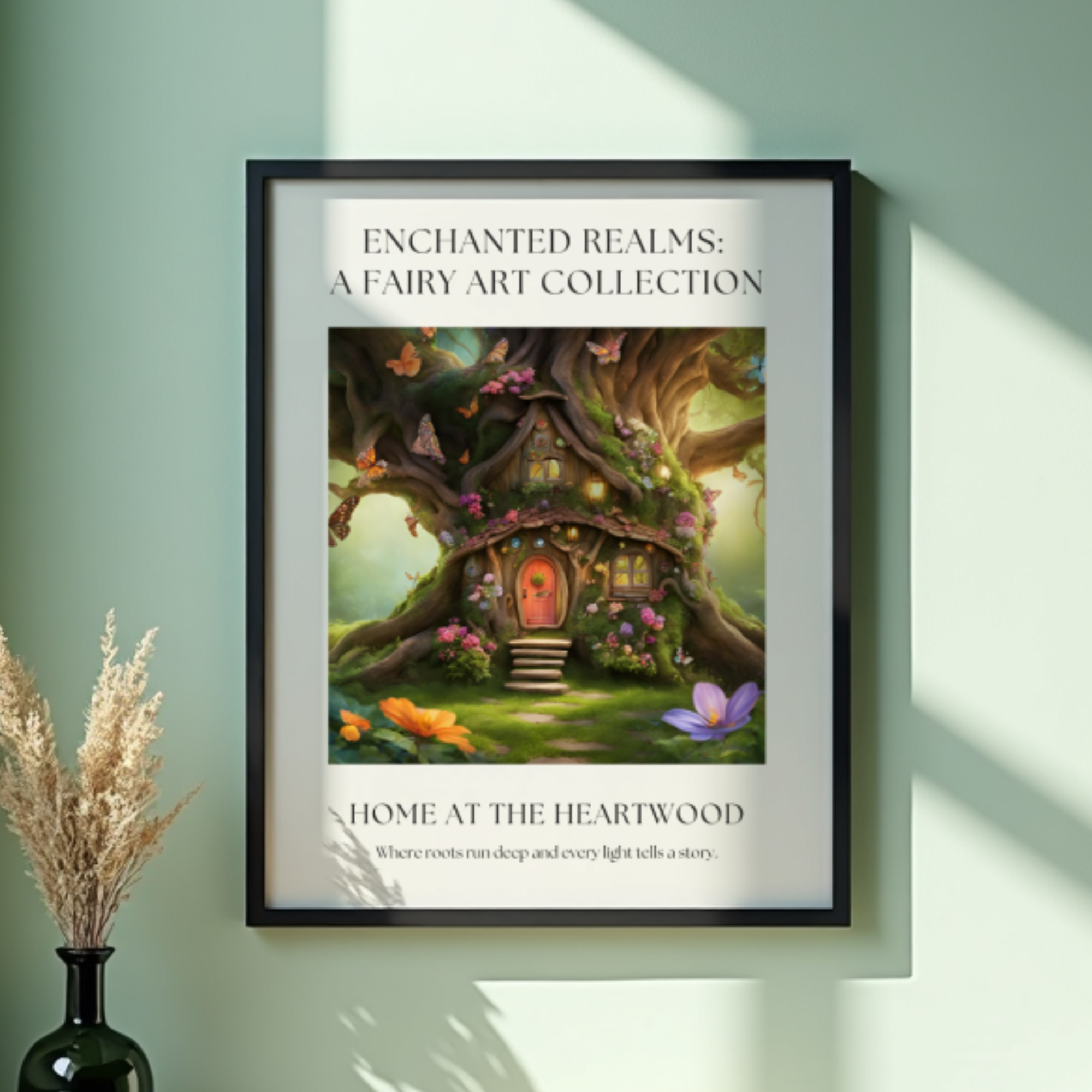 Fantasy Fairy Art Print Wall Decor – “Home at the Heartwood” Enchanted Tree House Illustration