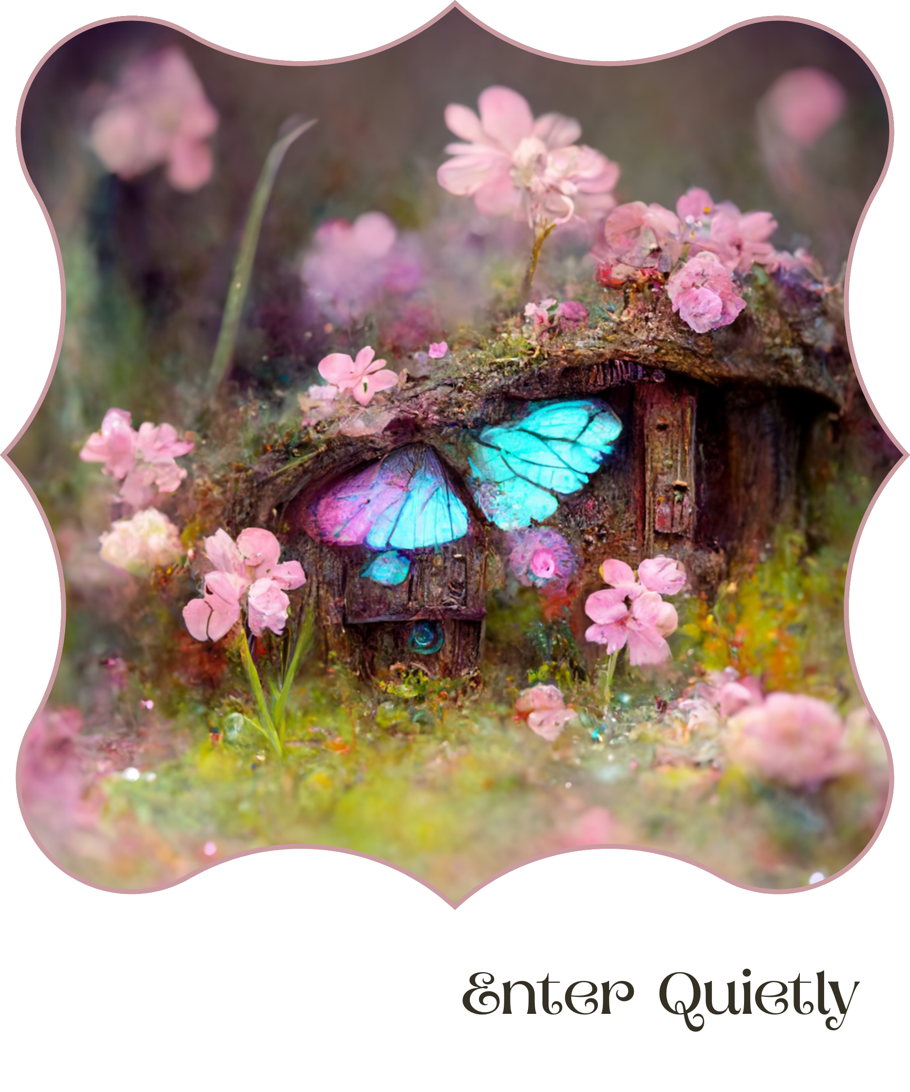 Close-up of fairy door artwork from The Butterfly Door collection surrounded by flowers and soft light