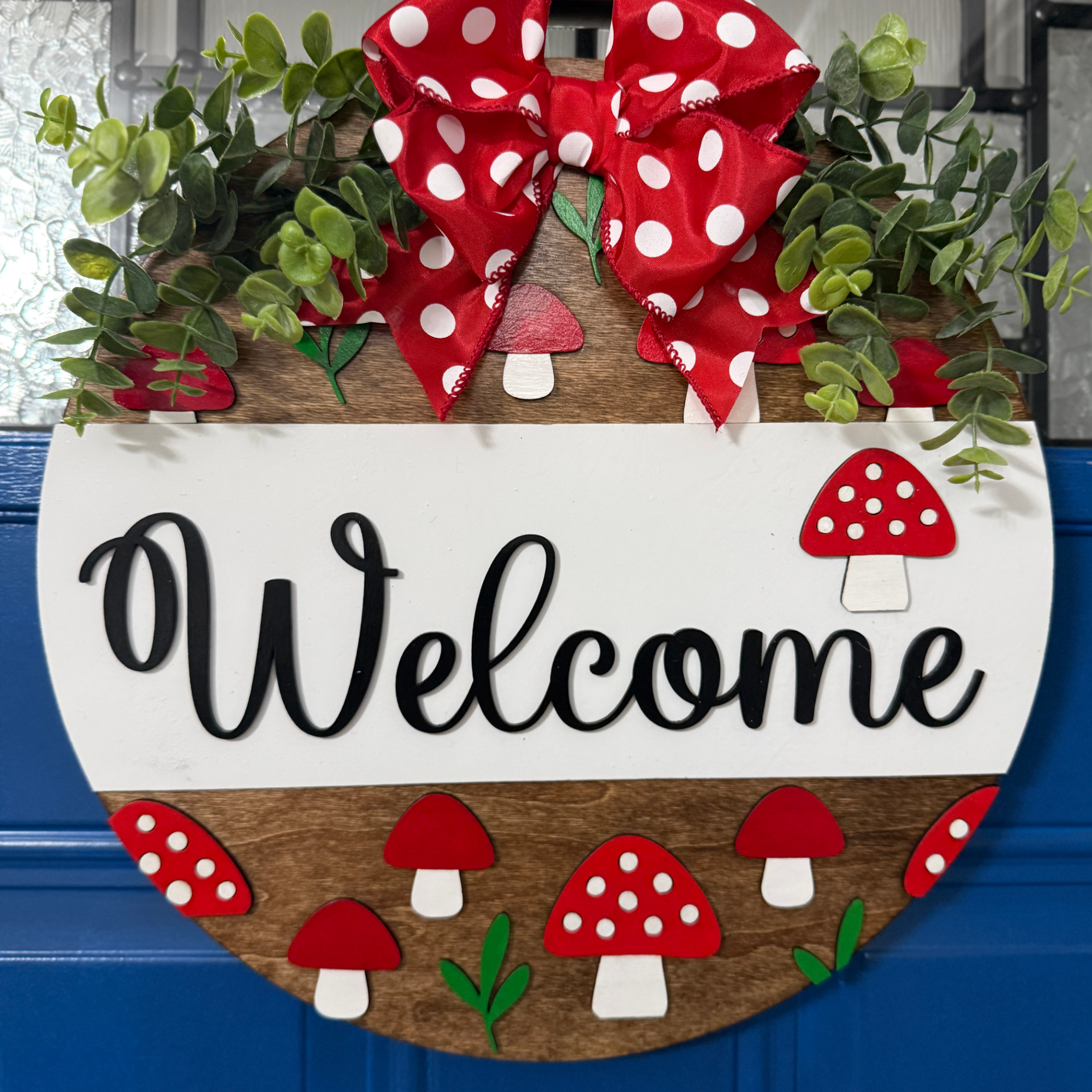 Welcome Mushroom Door Hanger – Hand-Painted Round Wood Summer Front Door Decor with Red Polka Dot Bow