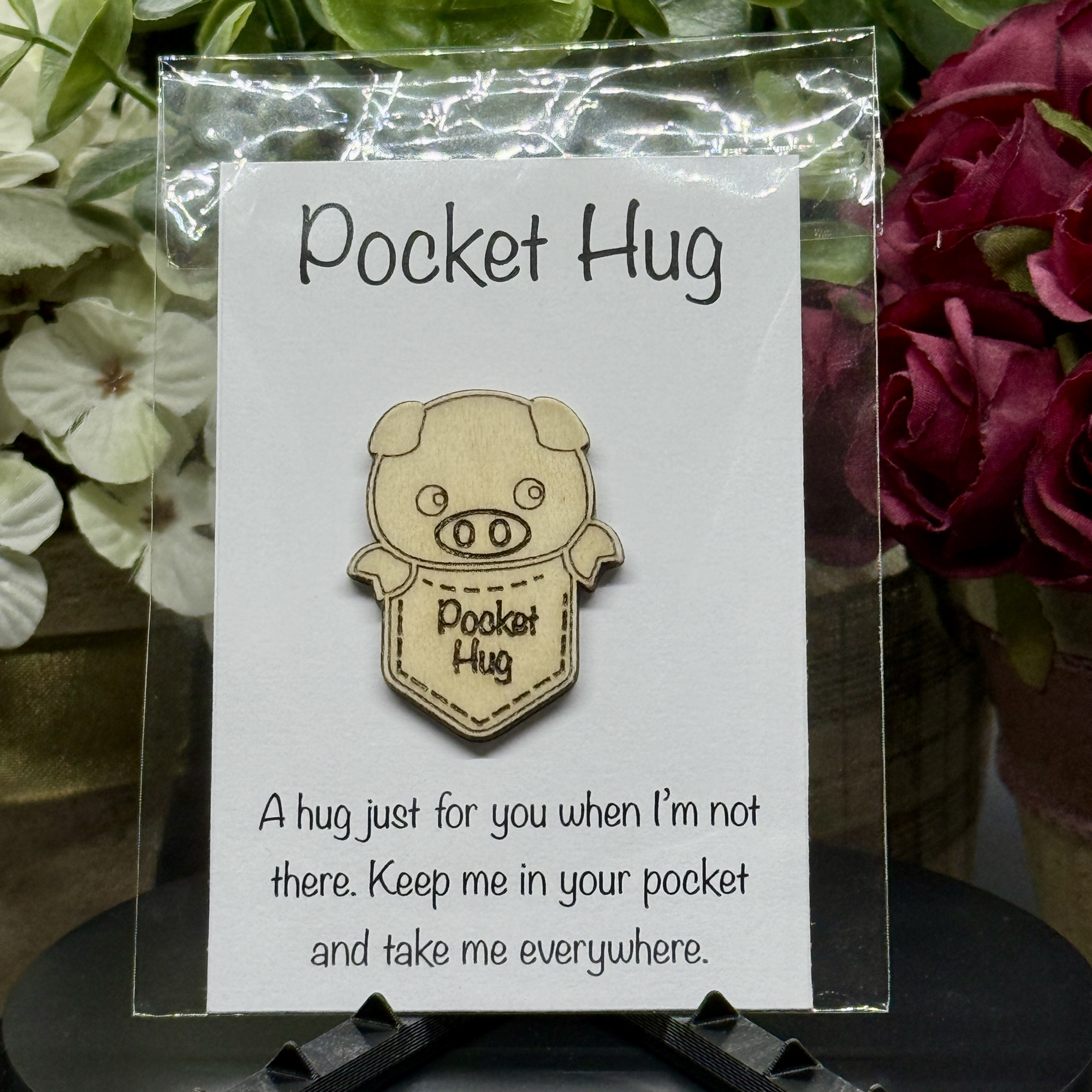 Pig Pocket Hug token on printed card – round nose and sweet details