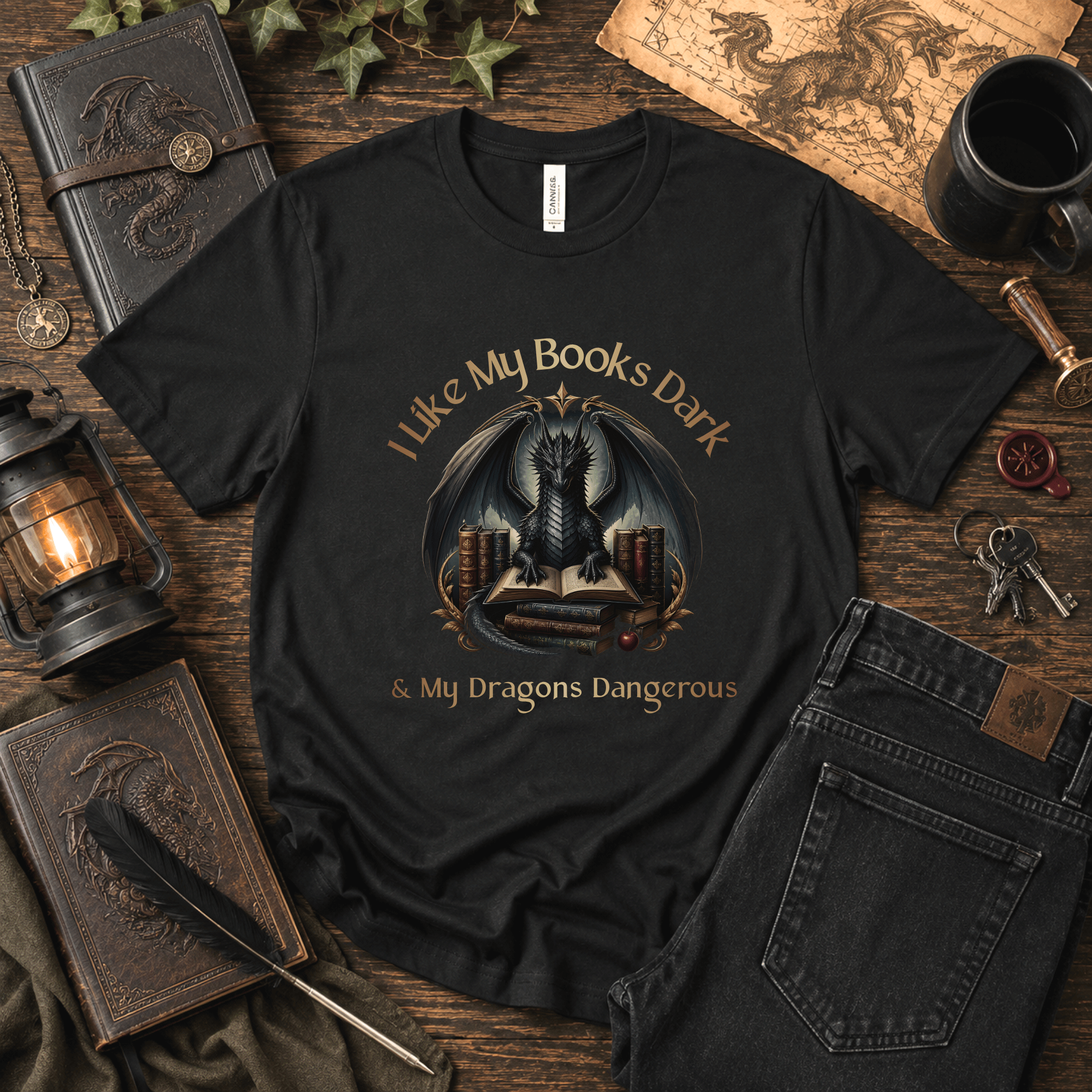 Fantasy Dragon T-Shirt - "I Like My Books Dark & My Dragons Dangerous" Design