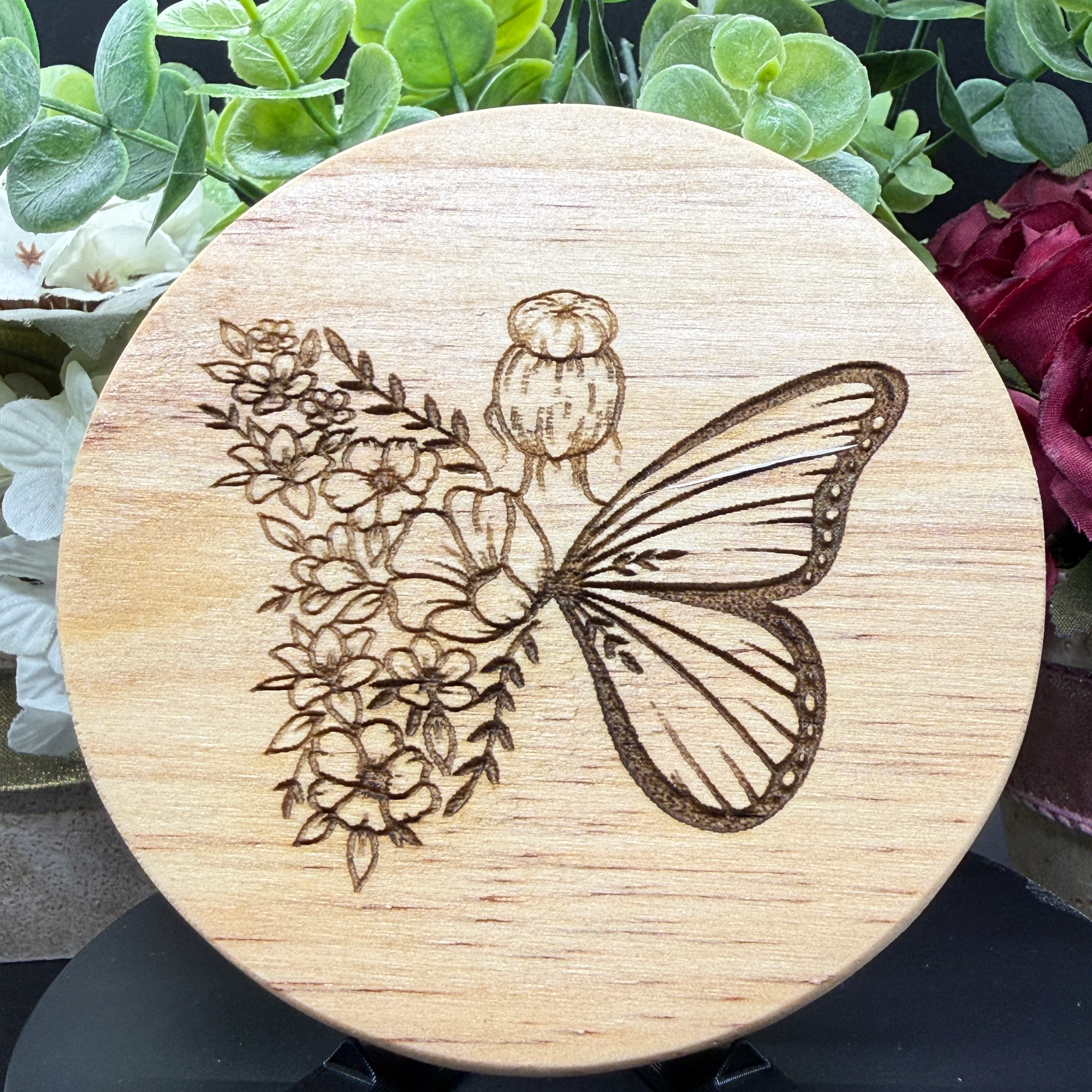 Wooden coaster with butterfly floral heart coaster with fairy design