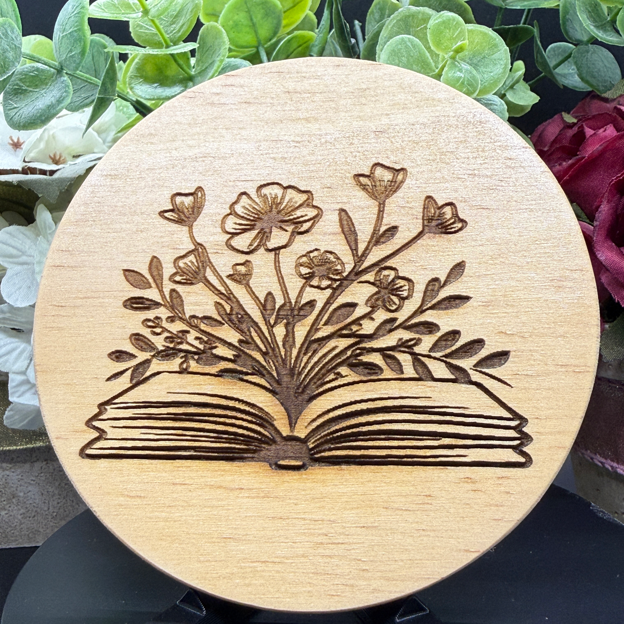Floral Book Wood Coaster – Engraved Open Book with Flowers, Reader Gift, Cozy Decor
