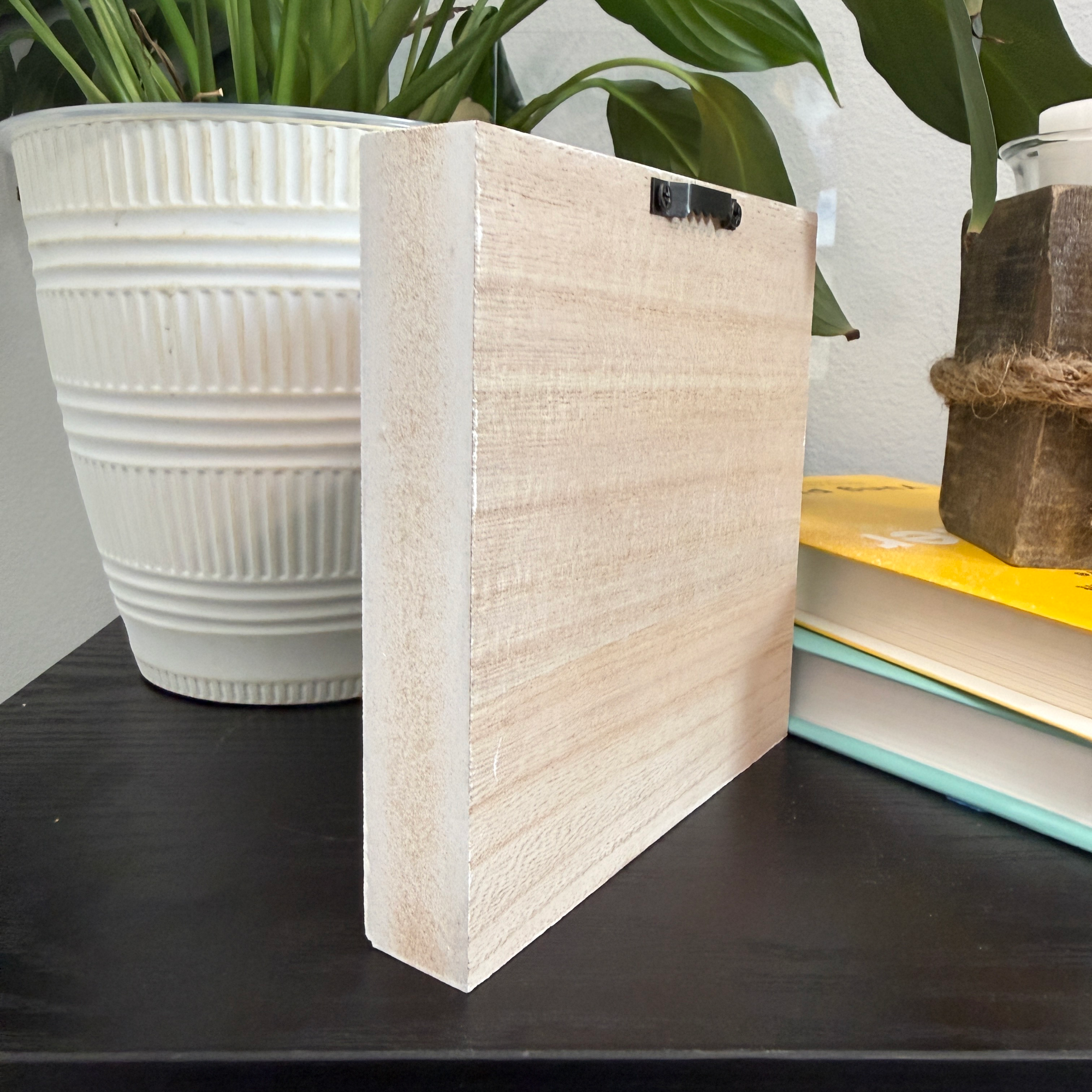 Side view of hanging planter wood shelf sitter showing freestanding wood block thickness