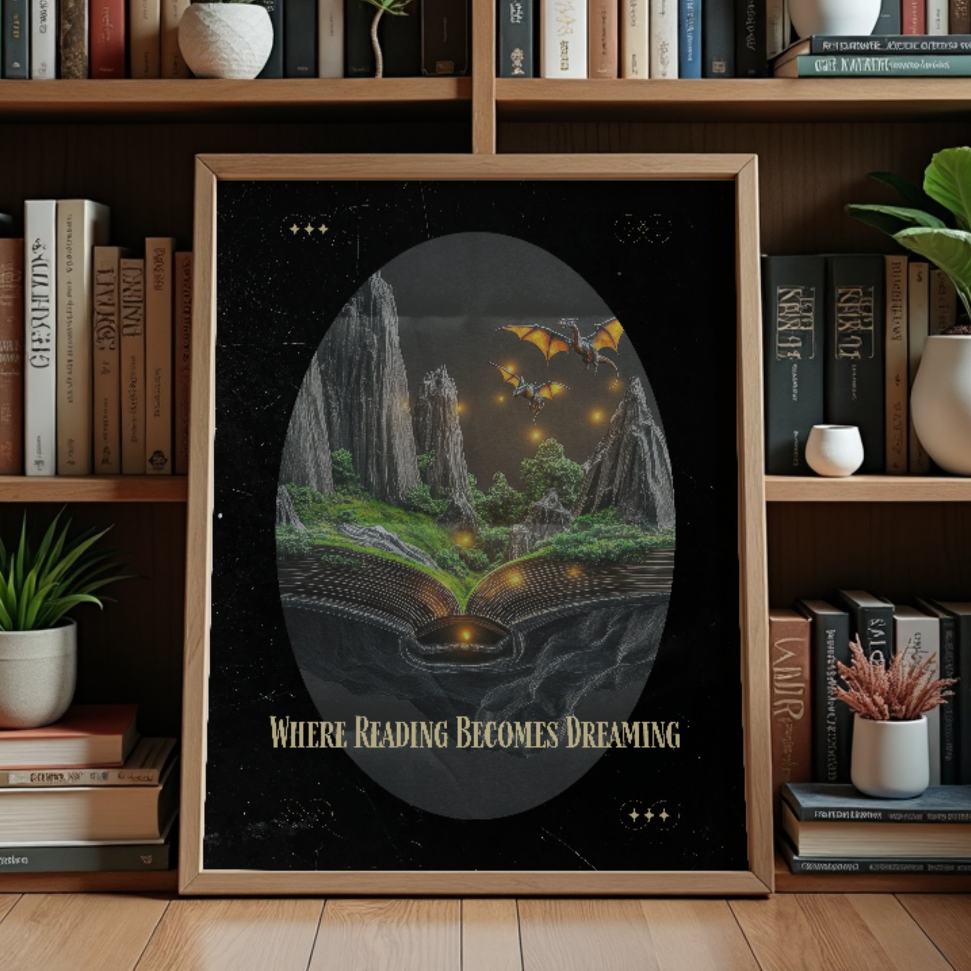 Fantasy Book Art Print Wall Decor – Whimsical Reading Illustration with Glowing Fireflies and Storybook Landscape