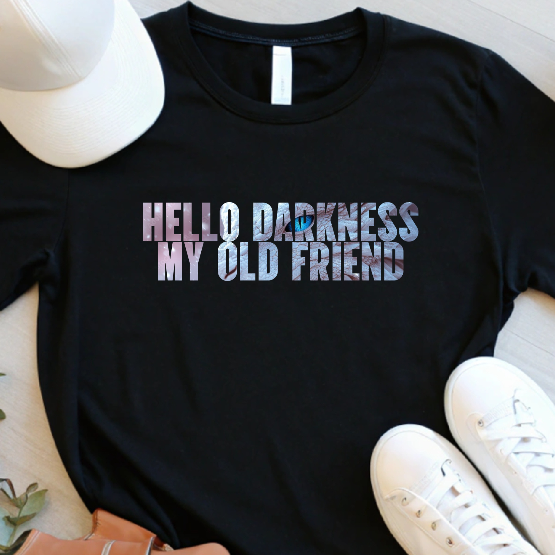 Fantasy Quote Shirt – Hello Darkness My Old Friend White Dragon Design – Unisex Cotton T Shirt