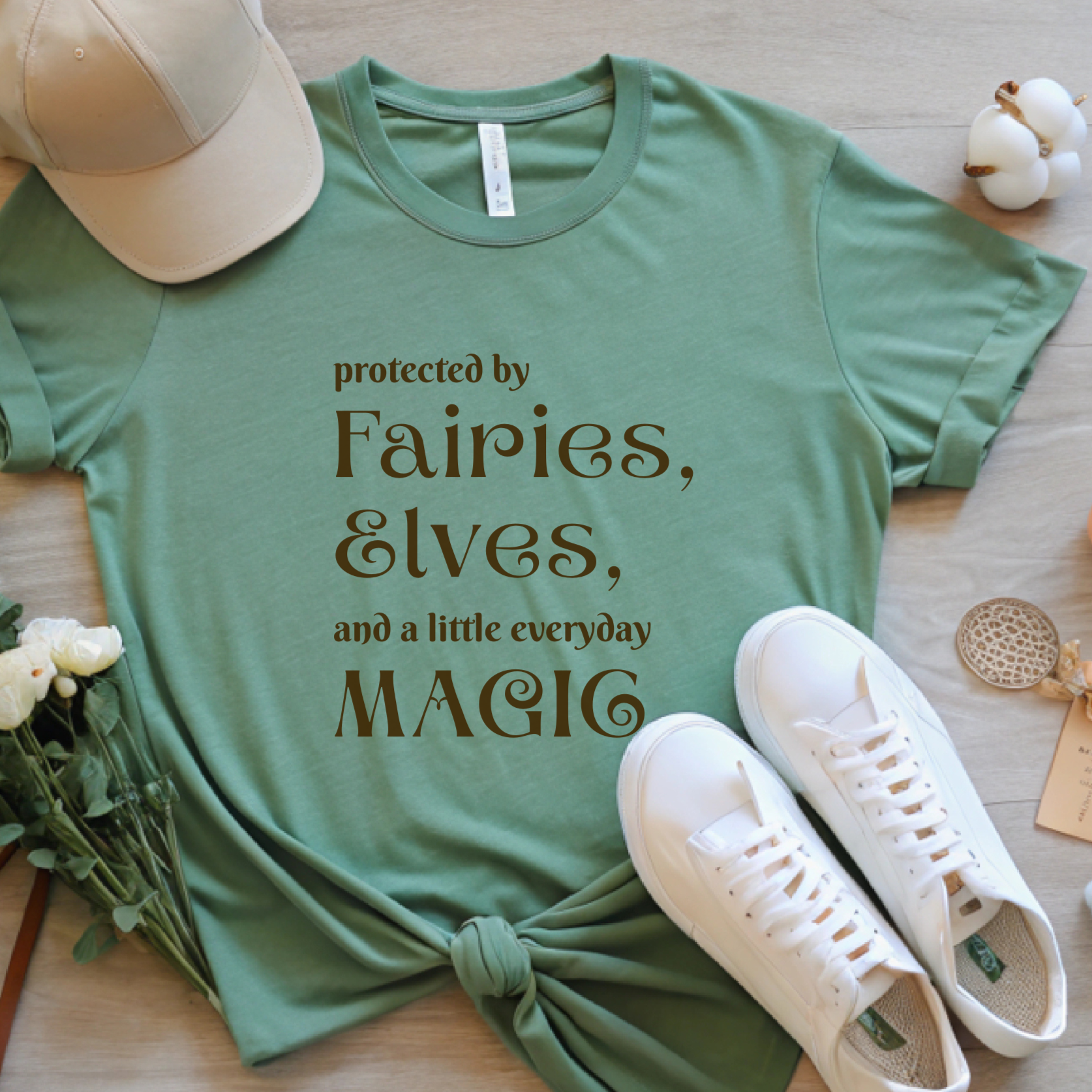 Fantasy Quote Shirt – Protected by Fairies Elves and Everyday Magic – Cozy Bookish Cottagecore T Shirt
