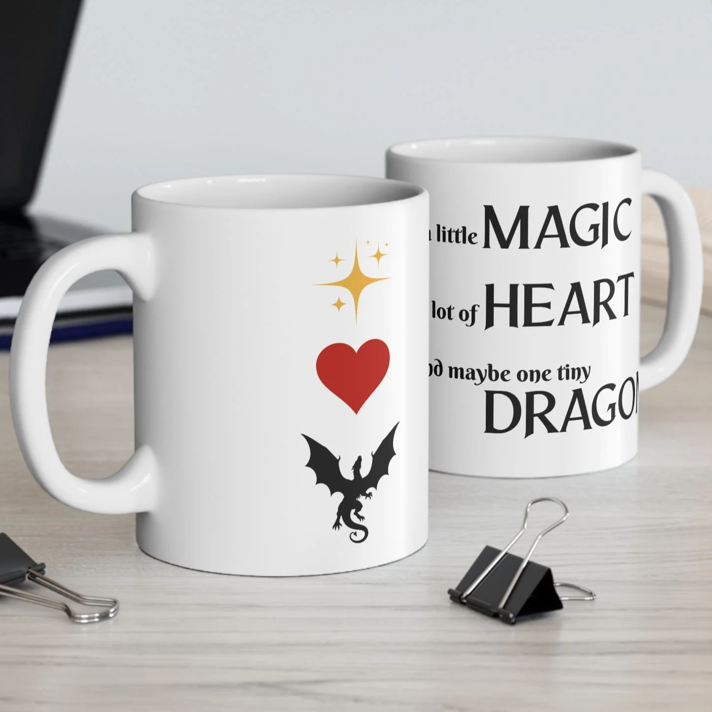 Fantasy Quote Ceramic Mug – A Little Magic A Lot of Heart Dragon Design – Glossy White Coffee Cup for Book Lovers