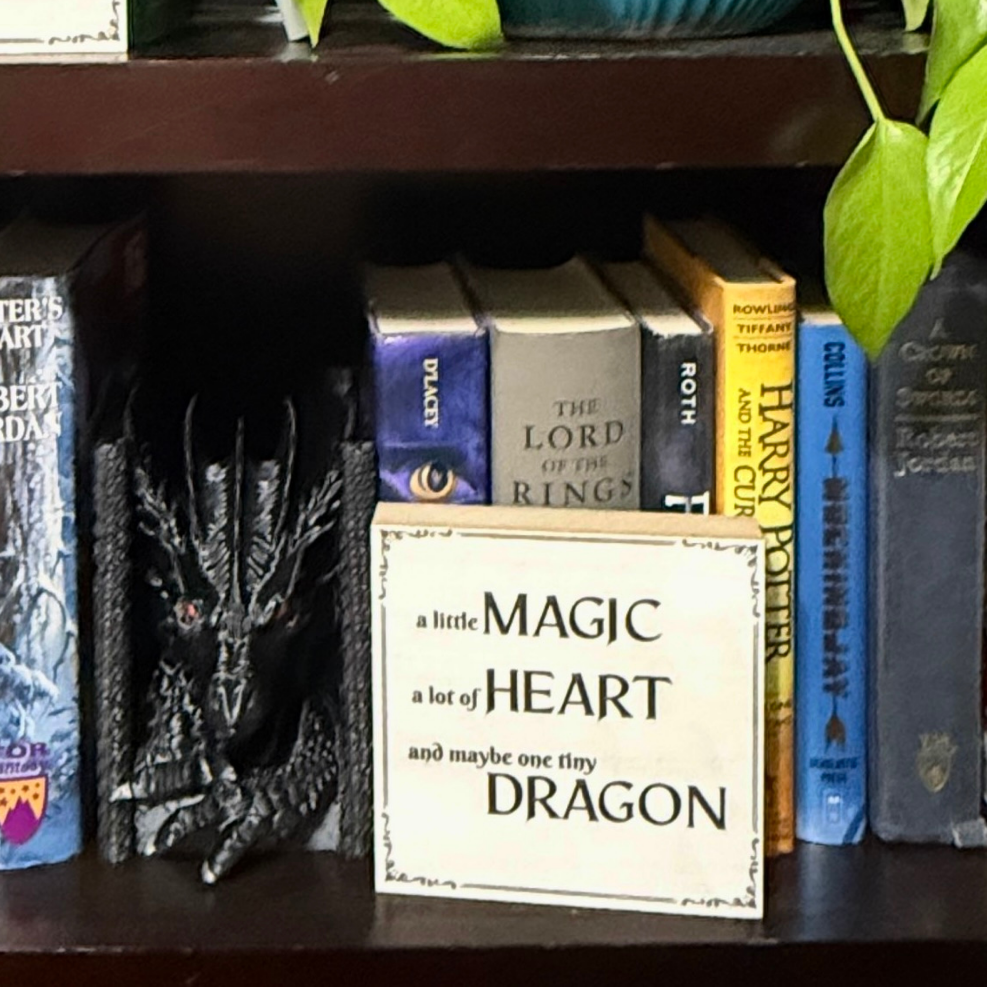 Close up of wooden a little magic a lot of heart and maybe one tiny dragon sign displayed between books