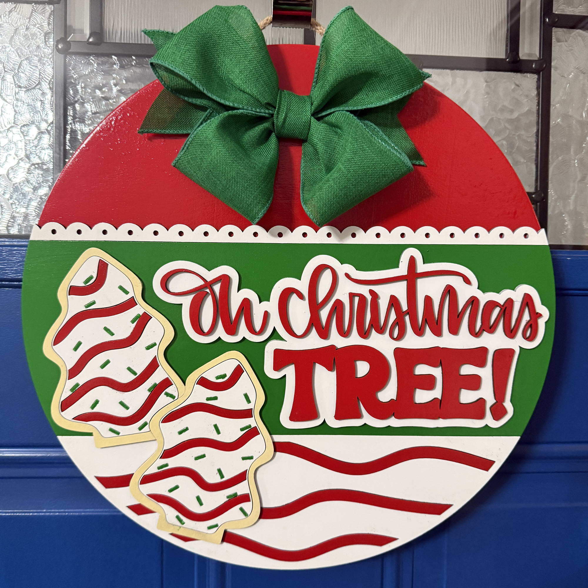 Oh Christmas Tree Door Hanger – 14" Festive Wood Decor with Bow and Christmas Tree Cakes Design