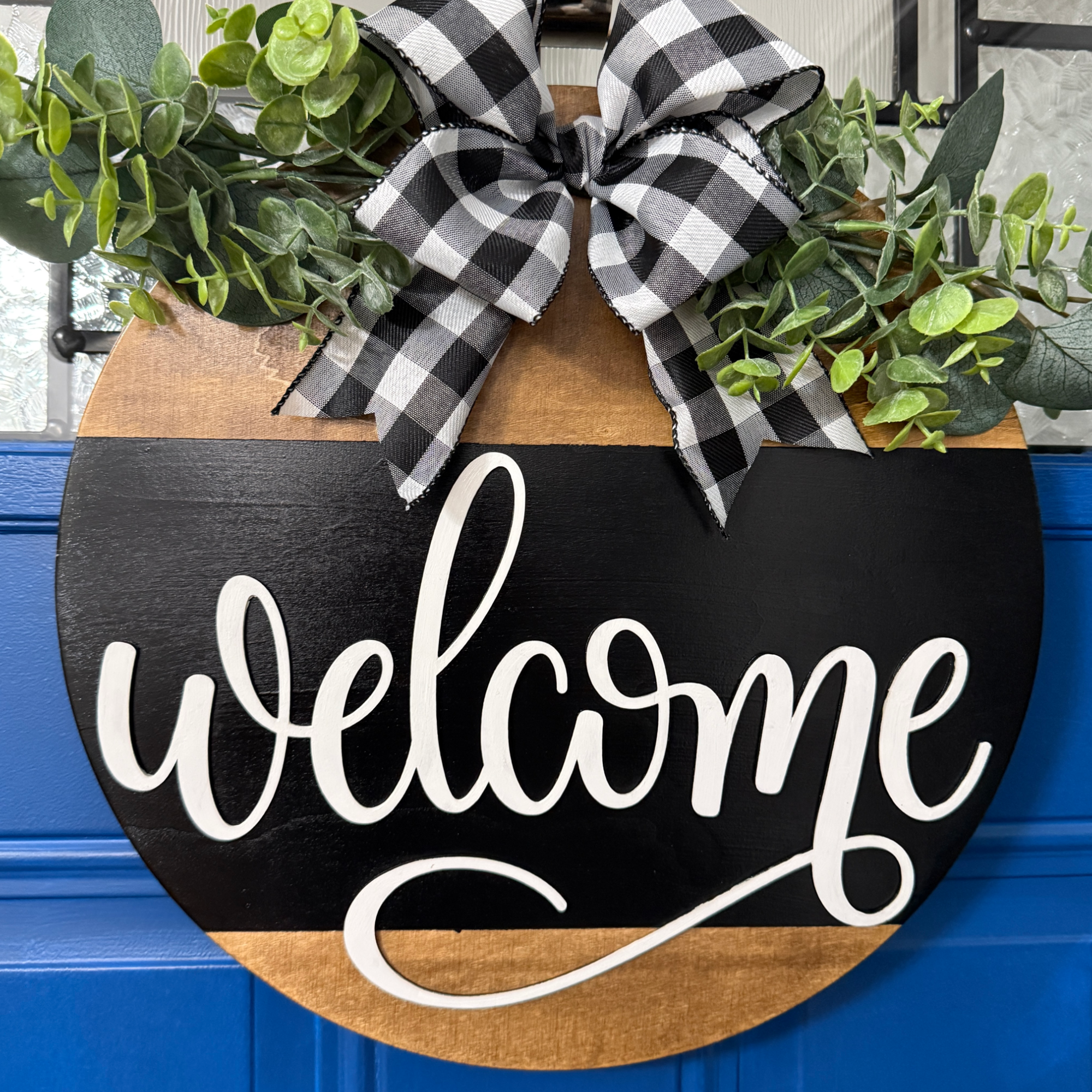 Welcome! Door Hanger – 14" Wood Sign with Greenery & Bow, All-Season Decor