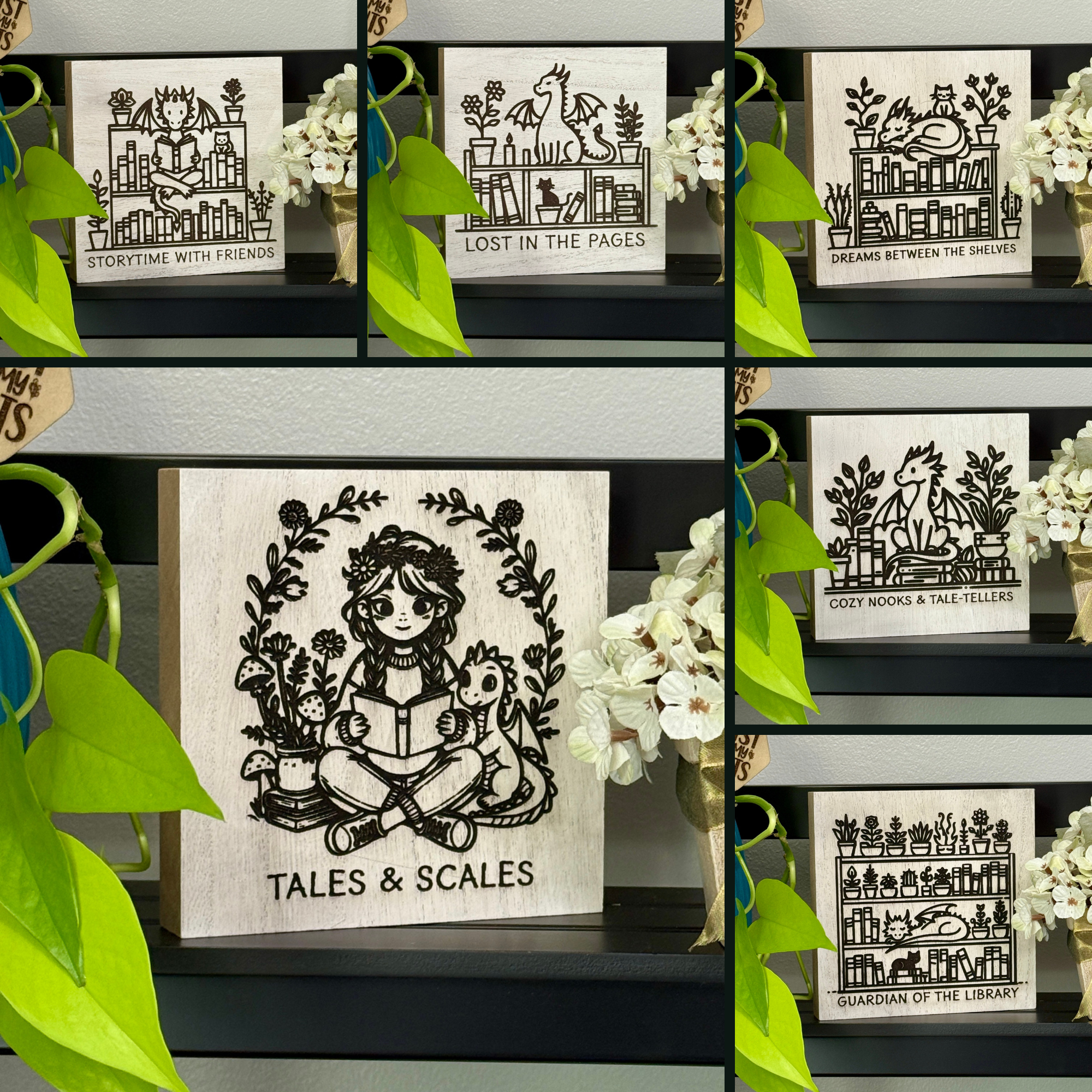 Collage of white-washed wood Dragon Reader shelf sitter showing full front view and close-up of engraved design