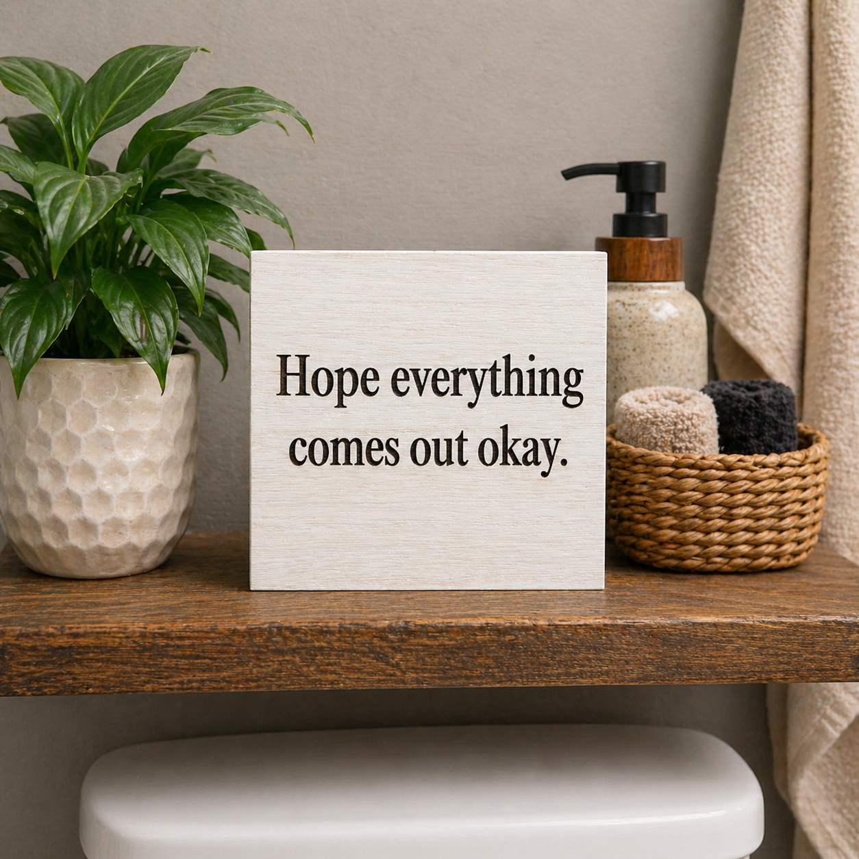 Bathroom shelf sitter sign reading “Hope everything comes out okay” displayed on wooden shelf with plant, soap dispenser, and basket decor