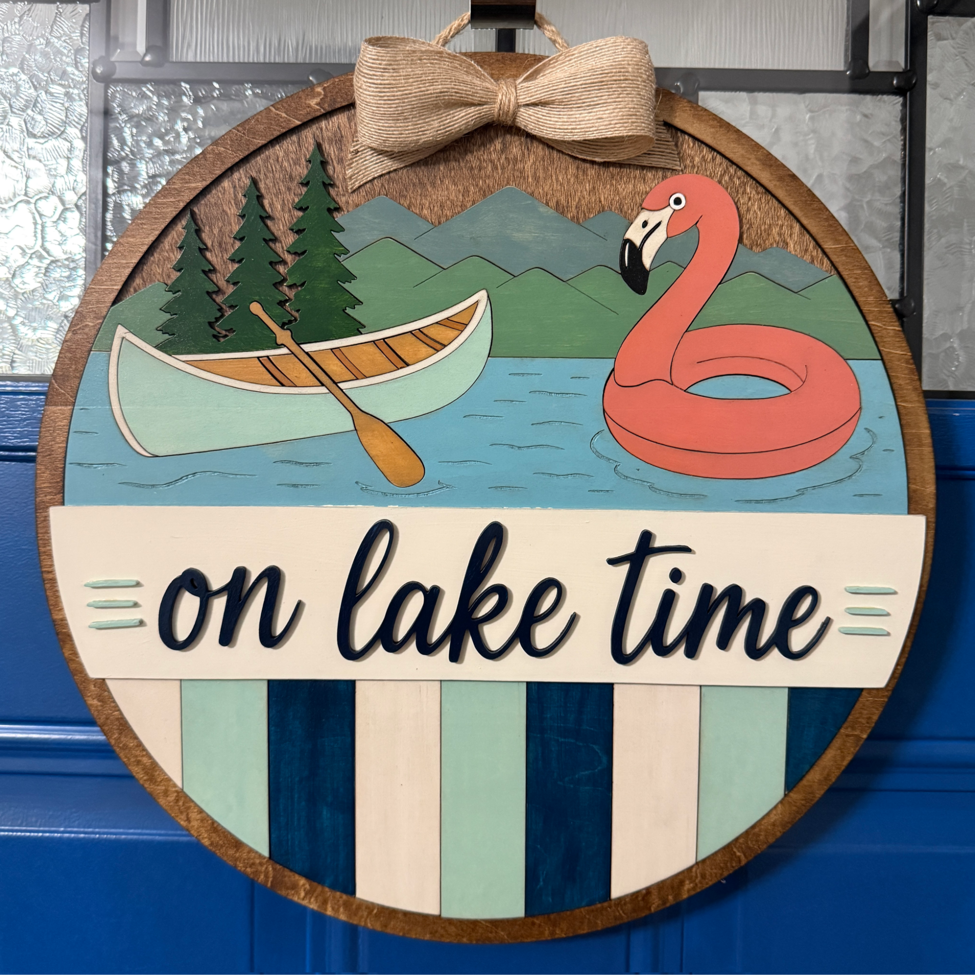 On Lake Time Door Hanger – Hand-Painted Lakehouse Front Door Decor with Canoe & Flamingo Float
