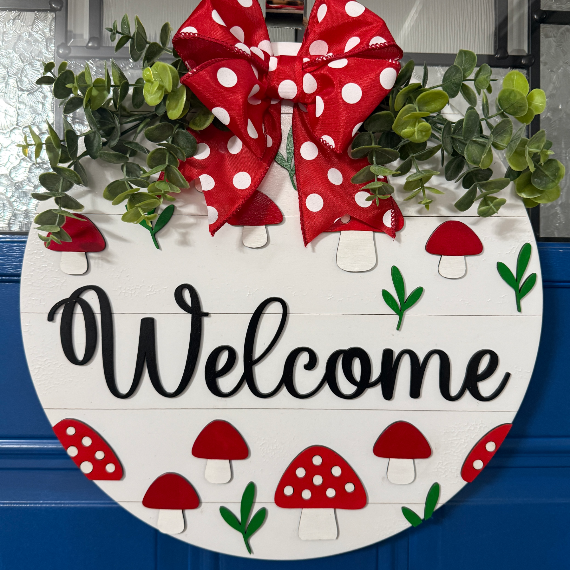 Welcome Mushroom Door Hanger – Hand-Painted Round Wood Summer Front Door Decor with Red Polka Dot Bow