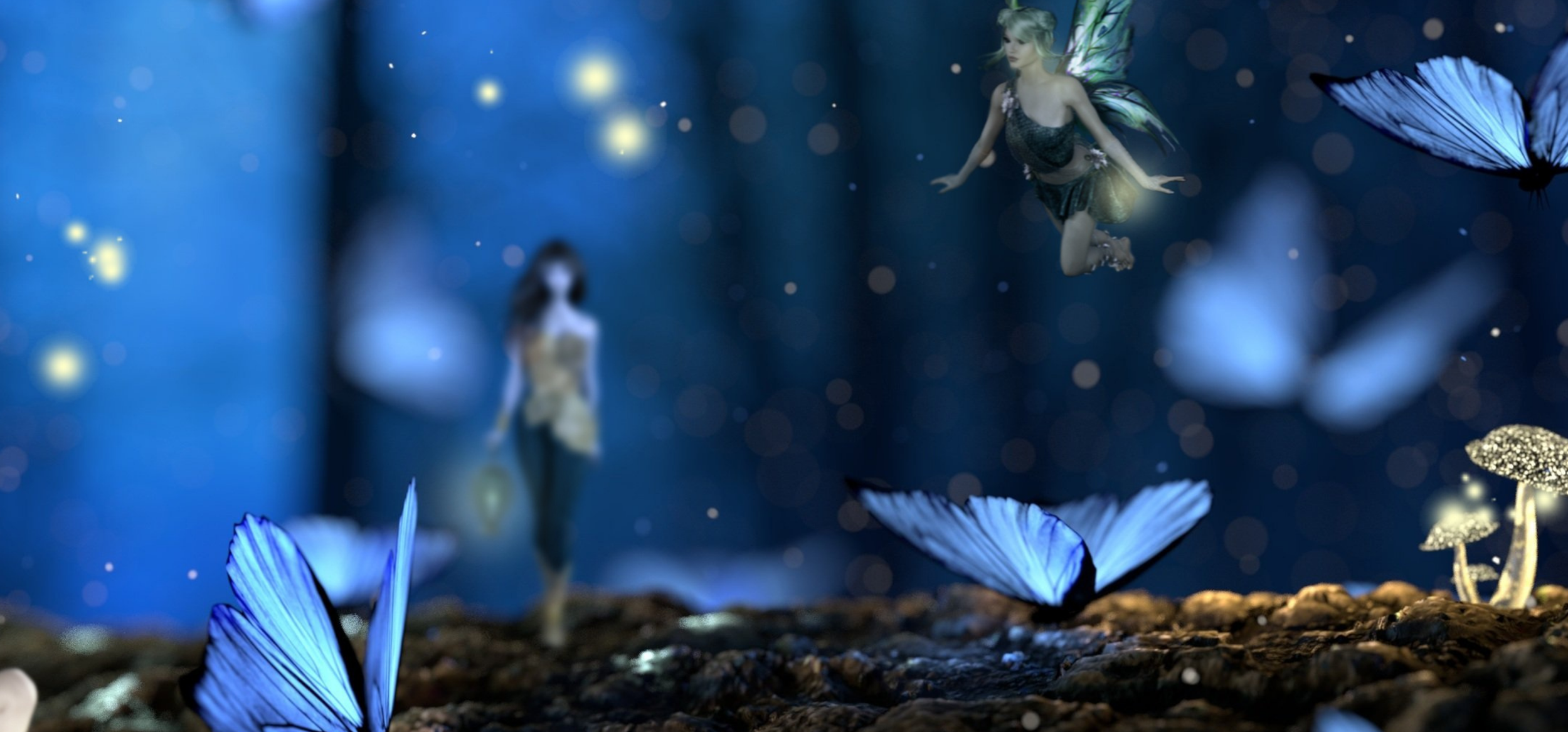 Fantasy night garden artwork featuring glowing blue butterflies, soft firefly lights, and two ethereal fairies in a moonlit forest with sparkling mushrooms and deep blue tones