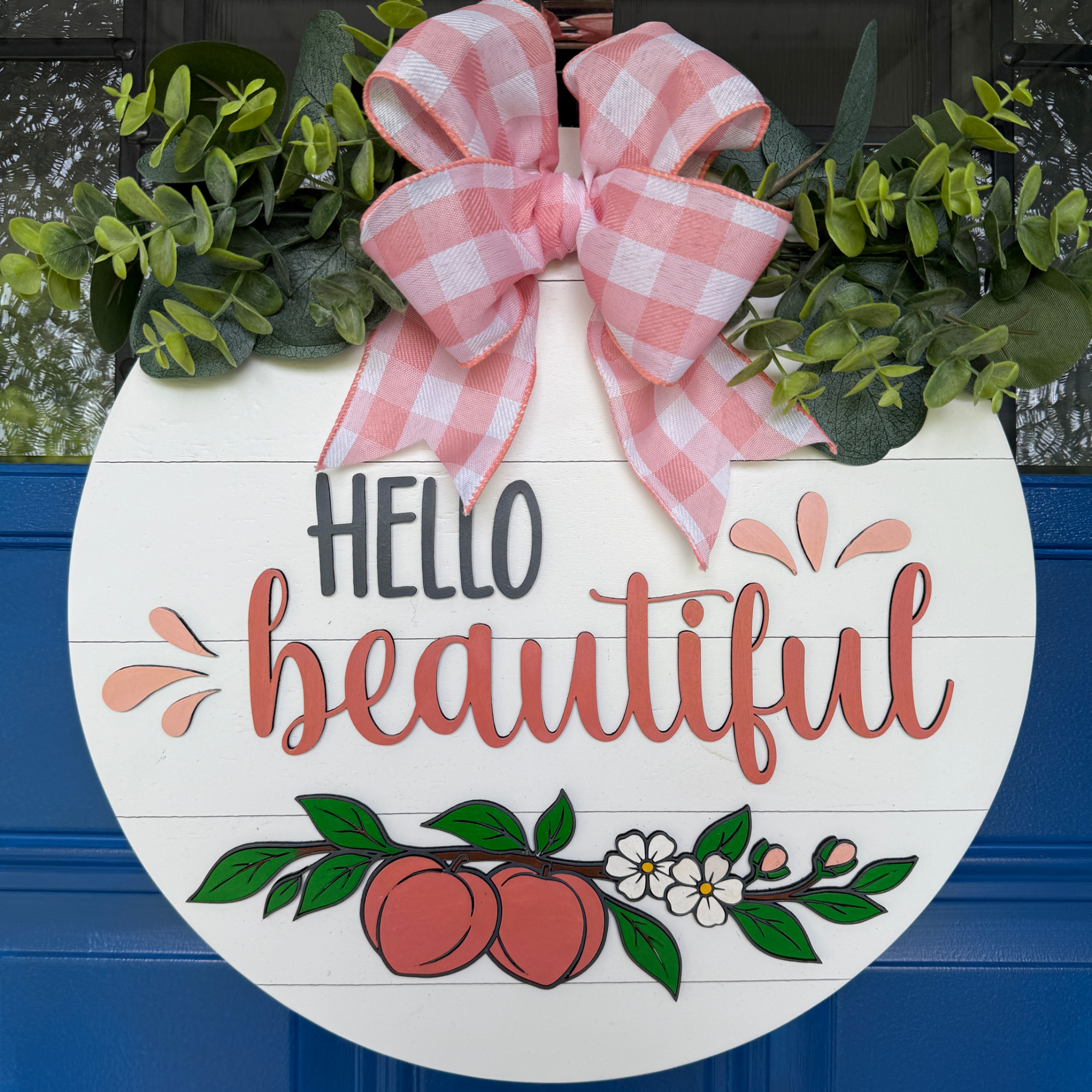 Hello Beautiful Door Hanger – Hand-Painted Round Wood Summer Front Door Decor with Beautiful and Gingham Bow