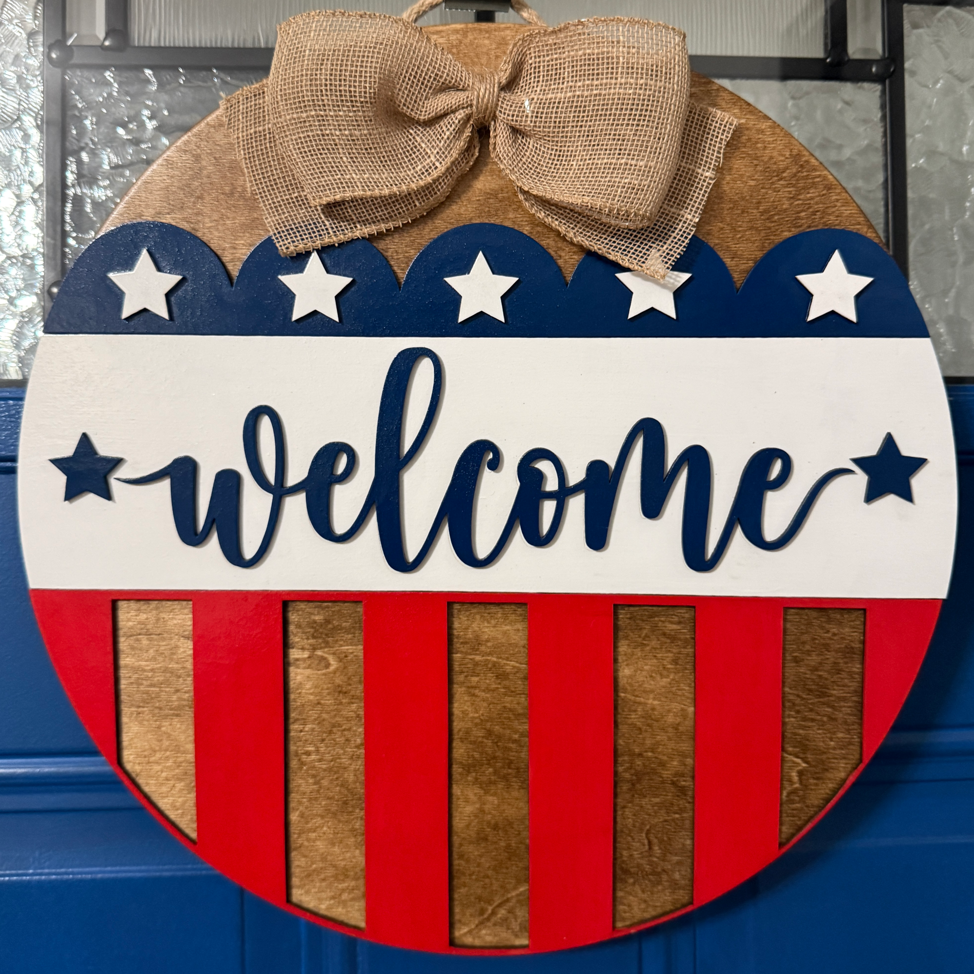 Patriotic Welcome Door Hanger – 14" Wood Sign with Layered Stars & Stripes Design