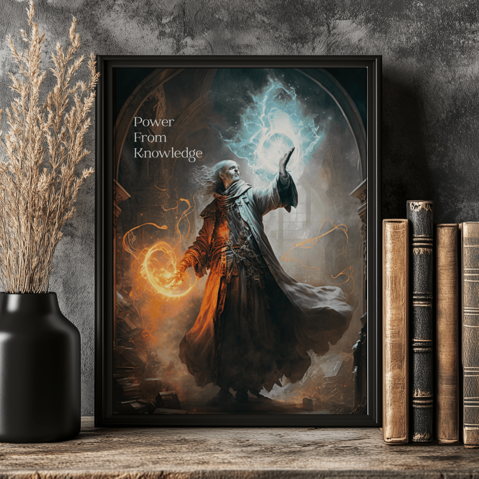 Power From Knowledge – Fantasy Wizard Wall Art Print for Offices, Game Rooms, and Reading Spaces