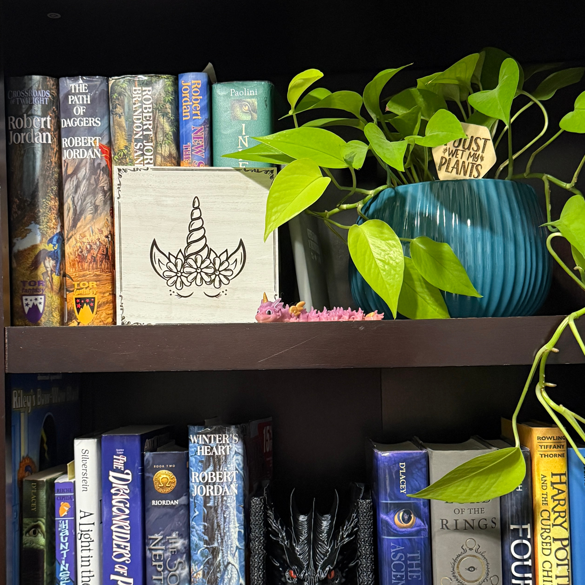 Unicorn shelf sitter displayed on a bookshelf surrounded by fantasy novels and trailing greenery