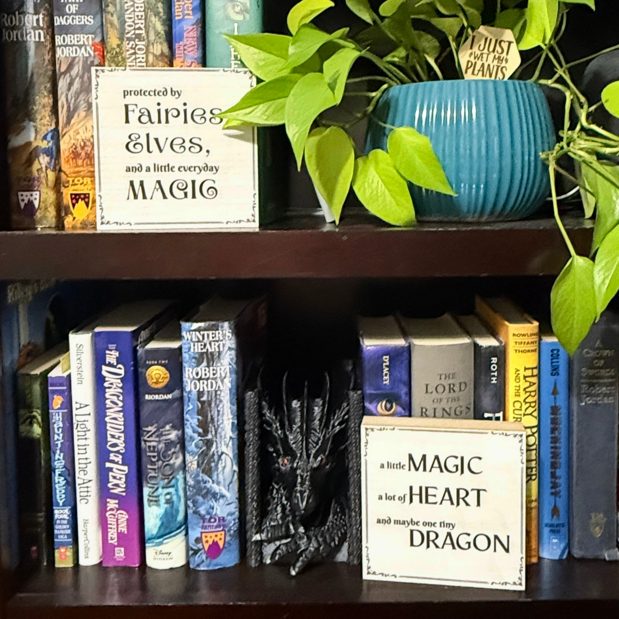 Protected by fairies elves and everyday magic wooden sign styled on bookshelf among fantasy books and greenery
