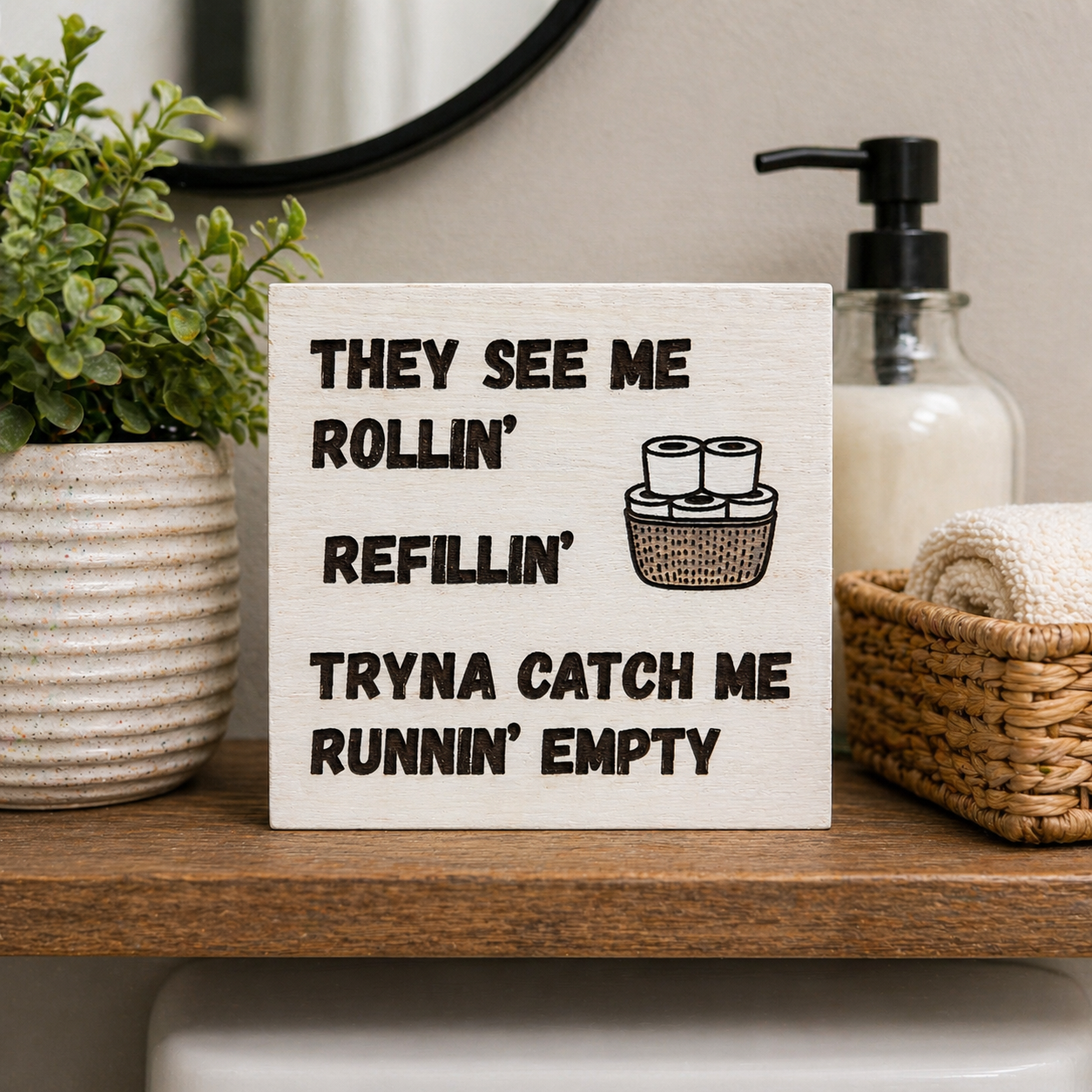 Bathroom shelf sitter sign reading “They see me rollin, refillin, tryna catch me runnin empty” displayed on wooden shelf with soap dispenser, plant, and basket decor