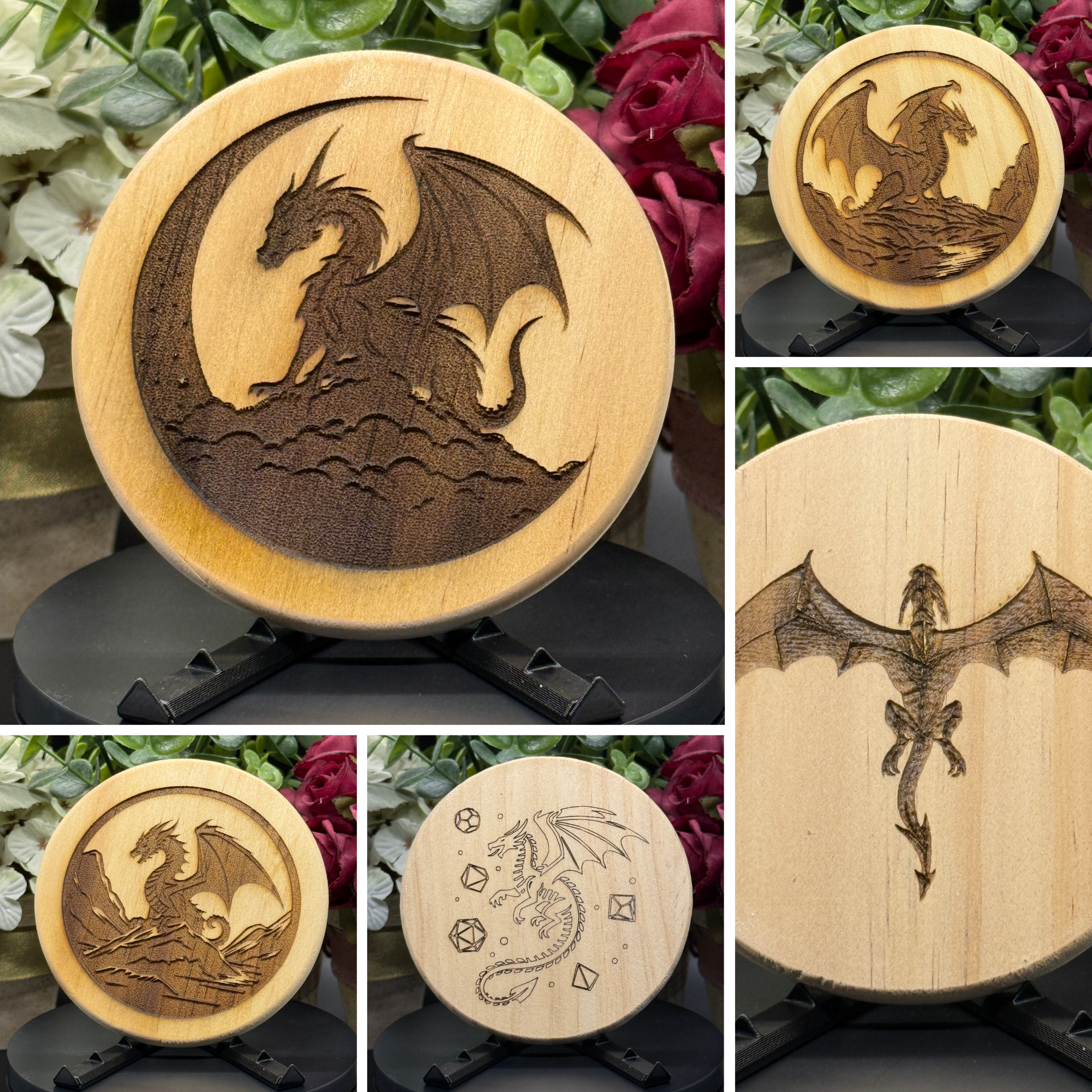 Photo collage of five engraved pine wood coasters with fantasy dragon designs, displayed on black stands with floral background