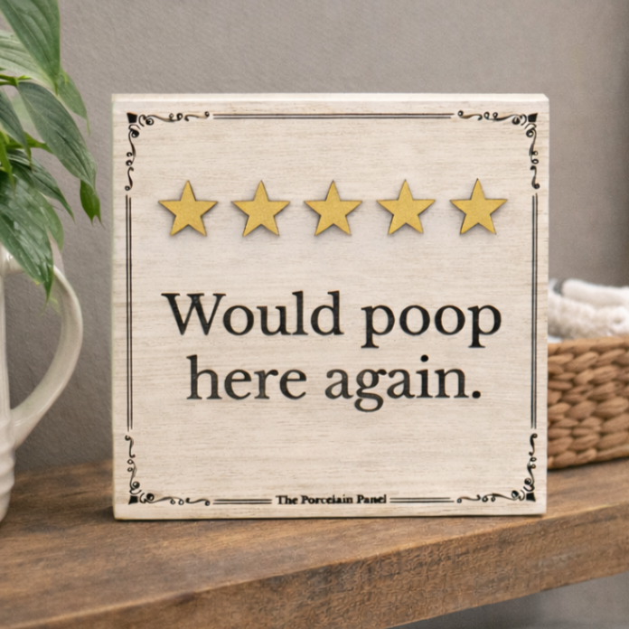 Would Poop Here Again Five Star Shelf Sitter – 6x6 Handcrafted Humorous Wood Decor