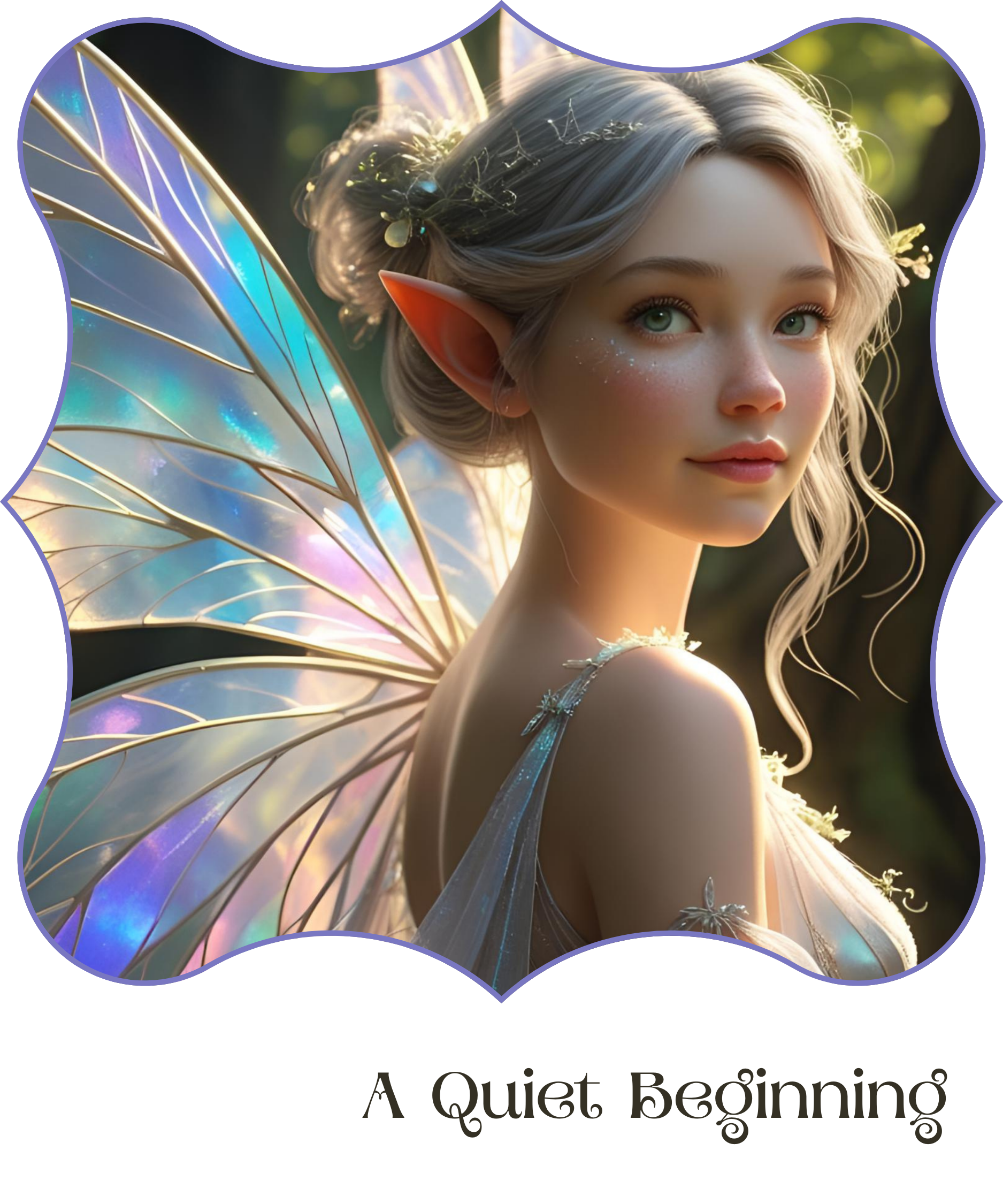 Close-up of fairy illustration from The First Glimmer collection with iridescent wings and soft lighting