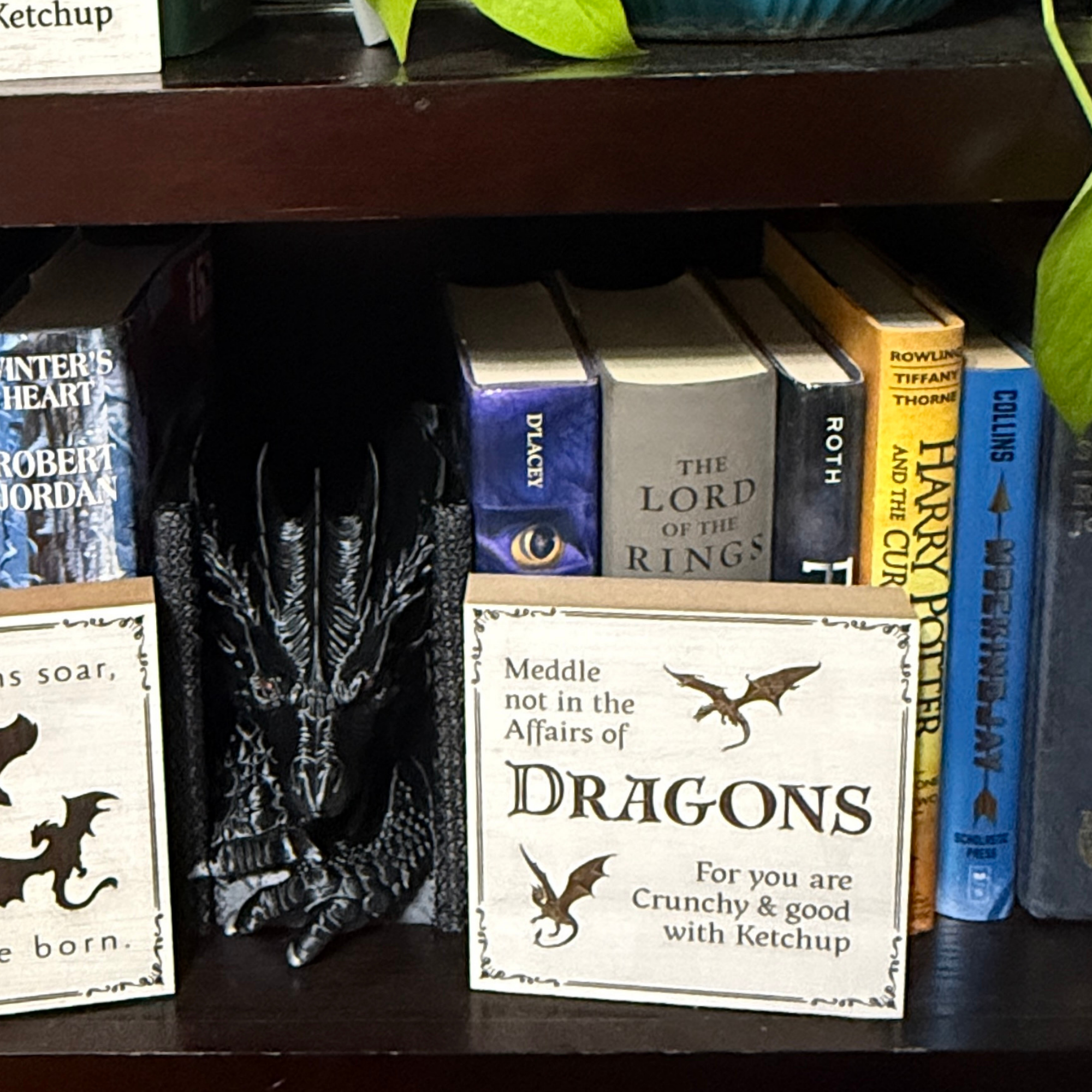 Close up of wooden meddle not in the affairs of dragons sign with dragon artwork displayed between books