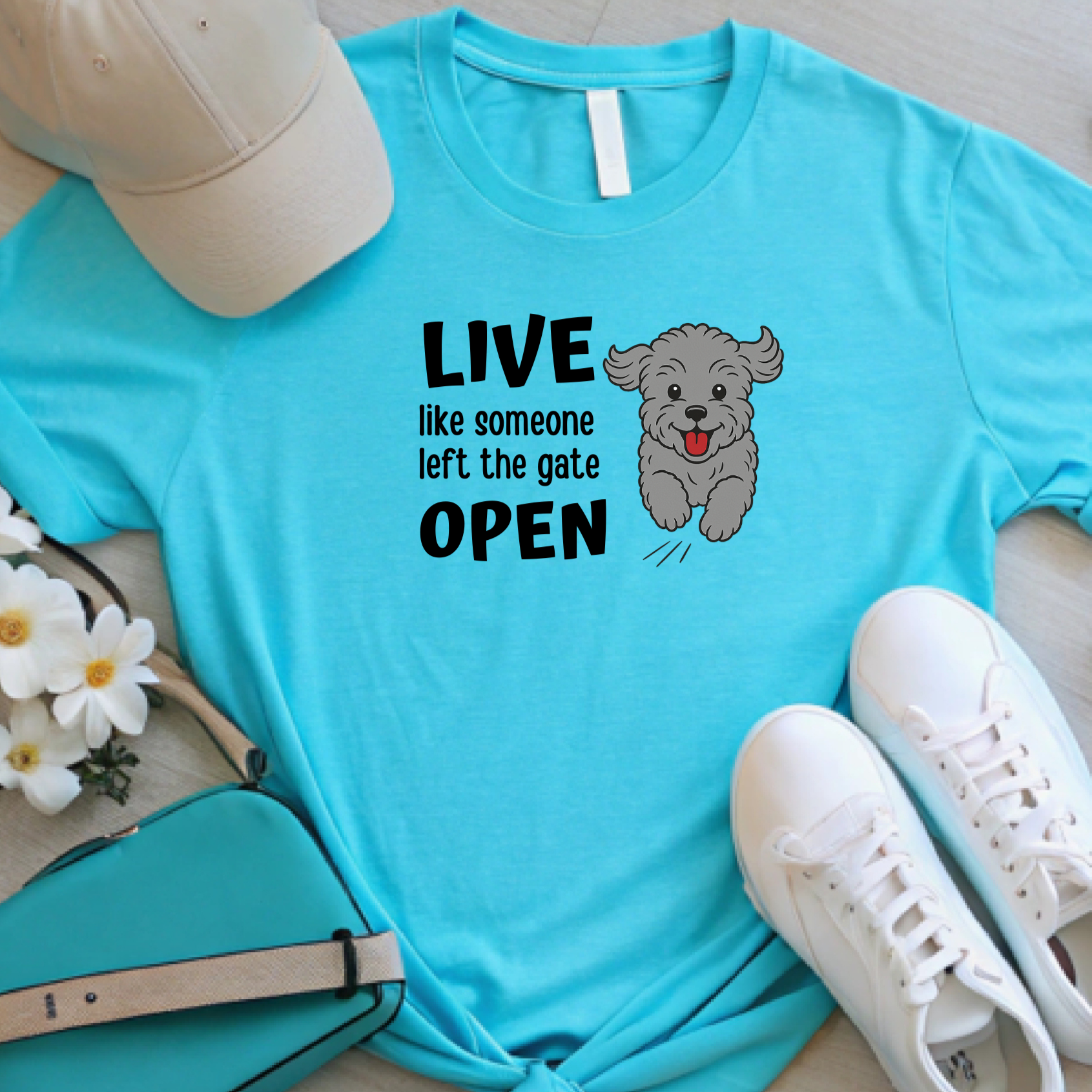 Live Like Someone Left the Gate Open Tee – Unisex Dog Lover Shirt with Running Pup Design