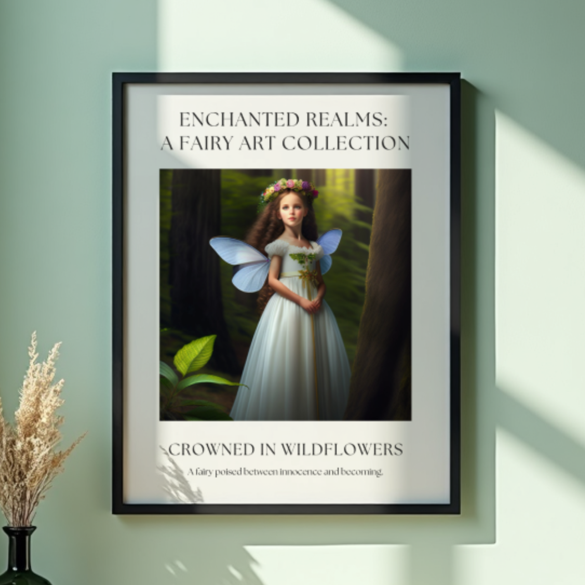 Fantasy Fairy Art Print Wall Decor – “Crowned in Wildflowers” Enchanted Woodland Portrait Illustration