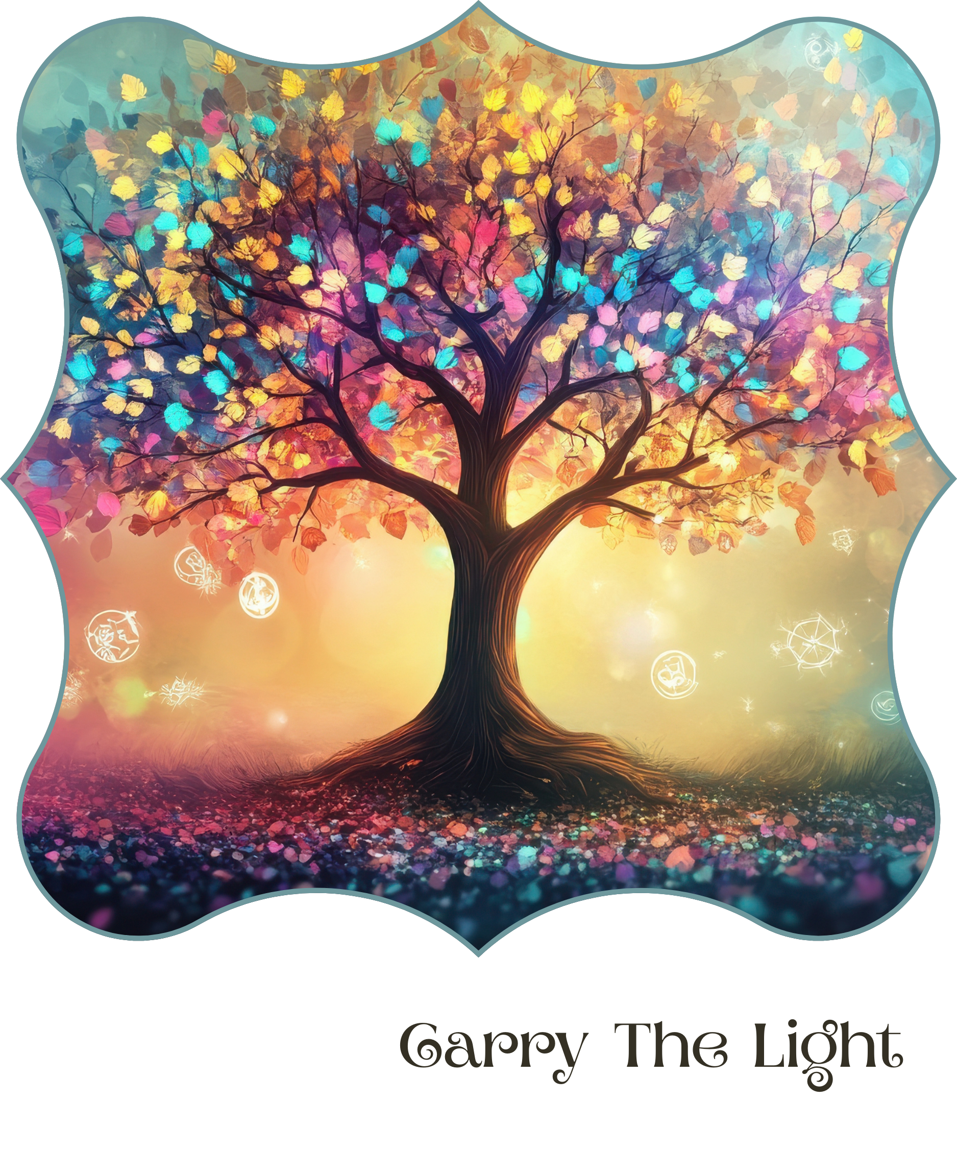 Close-up of colorful tree artwork from Tree That Holds Light collection with glowing leaves