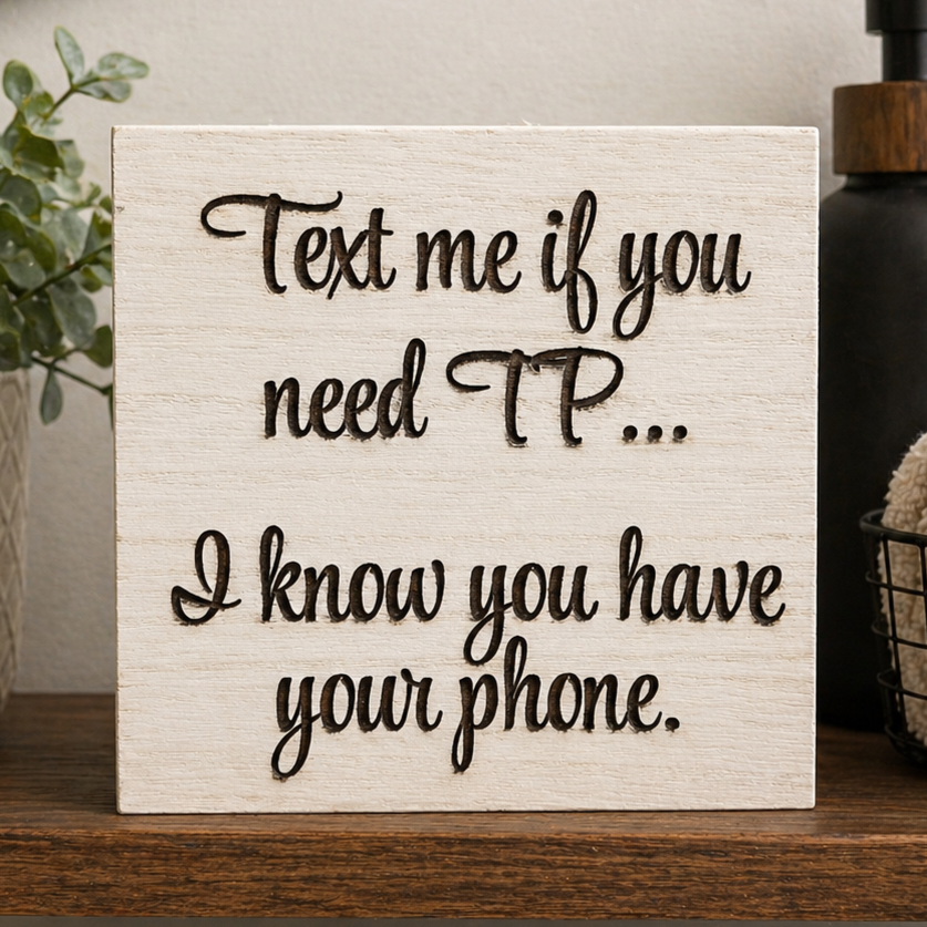 Funny Bathroom Shelf Sitter Sign, Text Me If You Need TP Wood Decor, Humorous Toilet Decor, Farmhouse Bathroom Sign