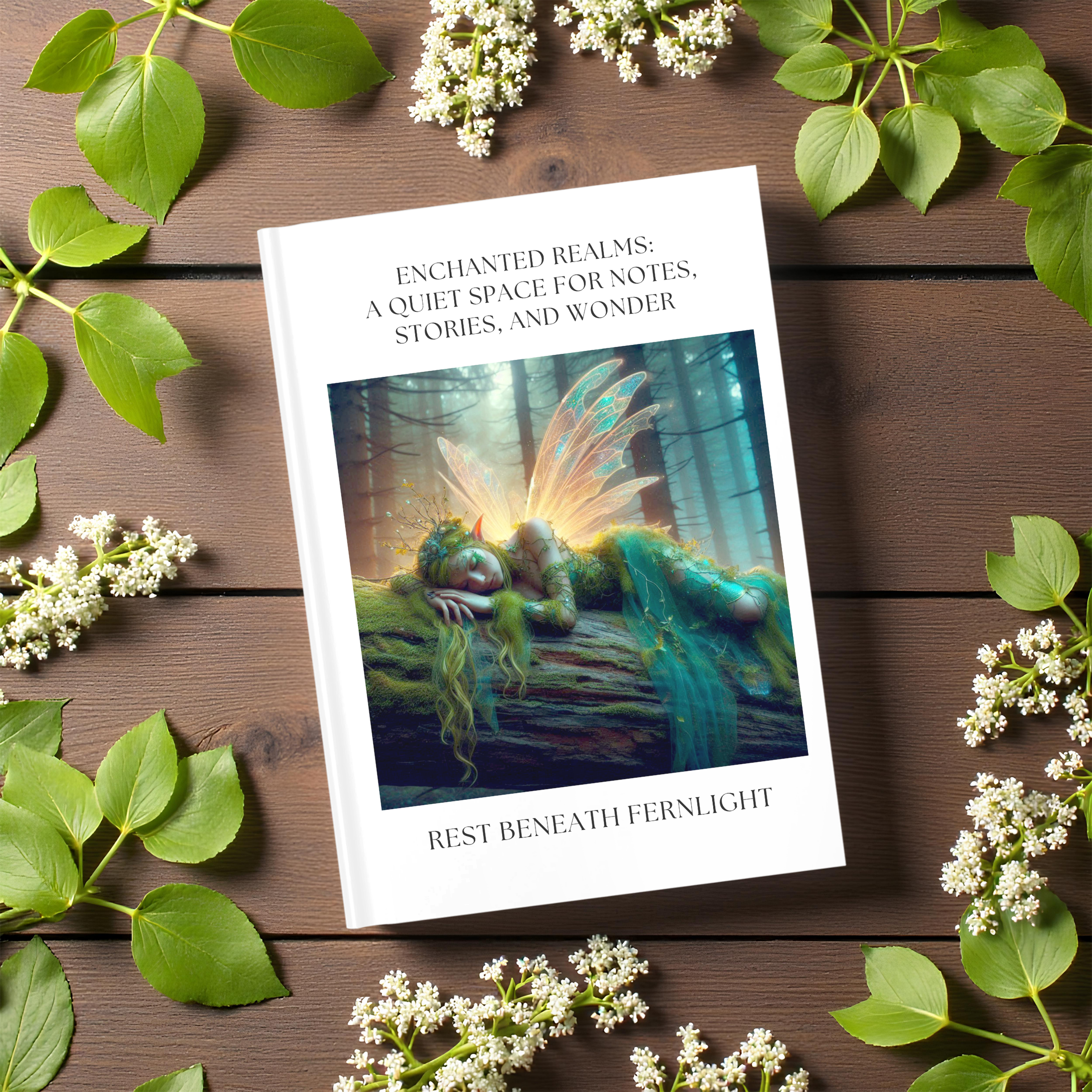 Enchanted Realms Hardcover Journal — "Rest Beneath Fernlight" Fairy Notebook for Notes & Stories