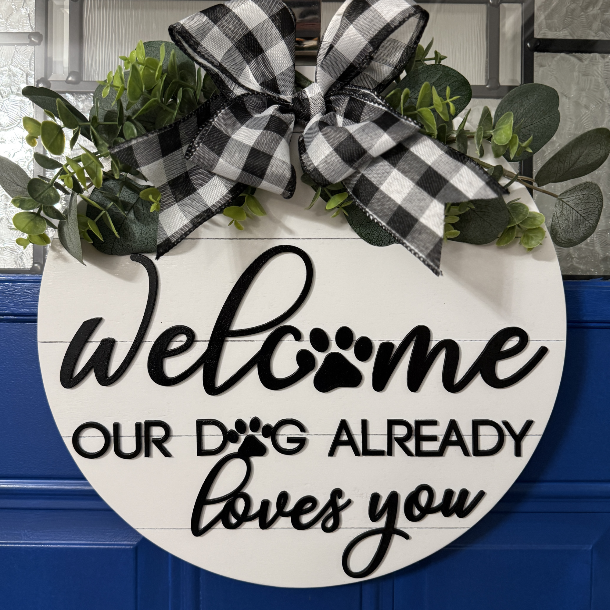 Dogs Love You Door Hanger – 14" Wood Sign with Greenery, Bow & Custom Dog Greeting